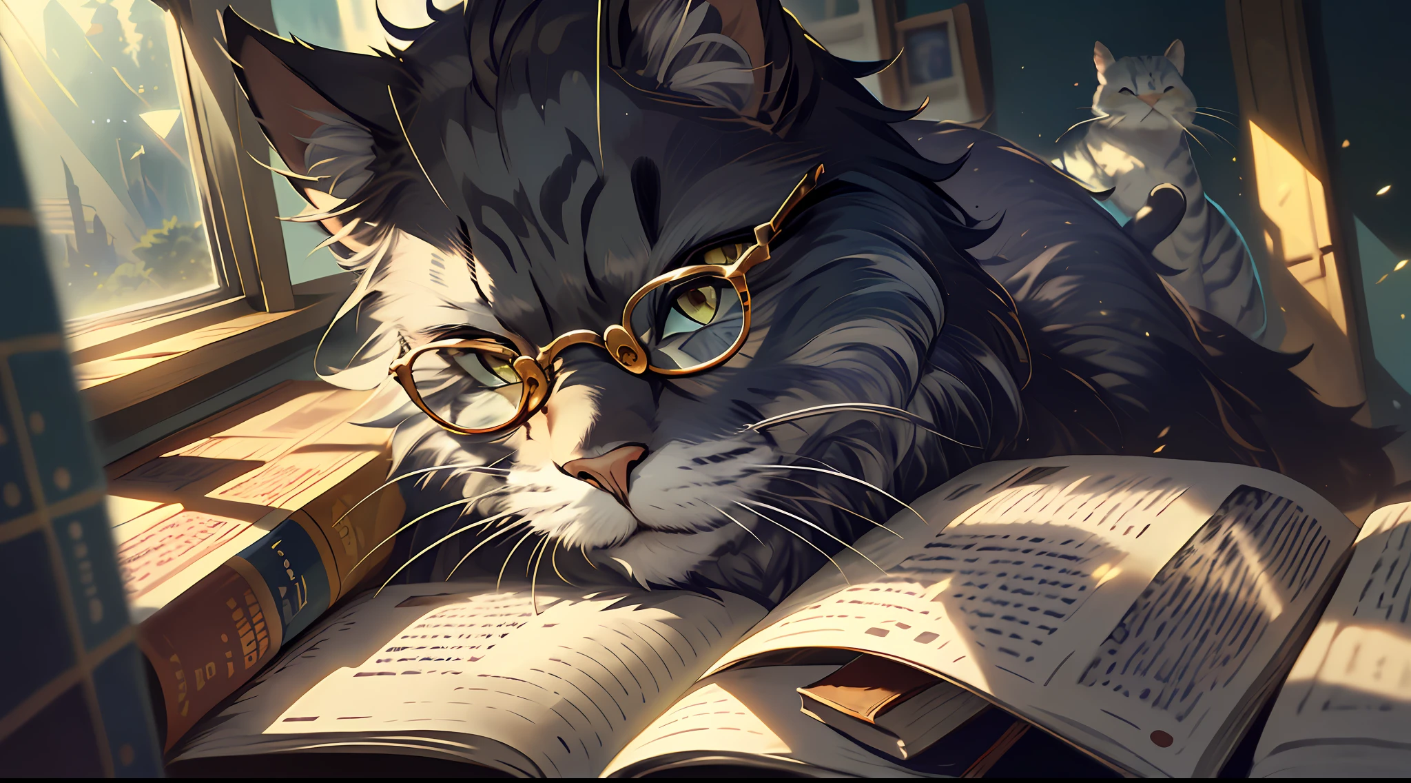 Obra-prima, alta qualidade, melhor qualidade, bonito, HD, perfect lighting, imponente, doutor,, filosofia, Philosopher cat, inteligente, lindo, felino ((gato de pele preta e branca brilhante)), terno, (Round Eyewear), ler livro, c4ttitude