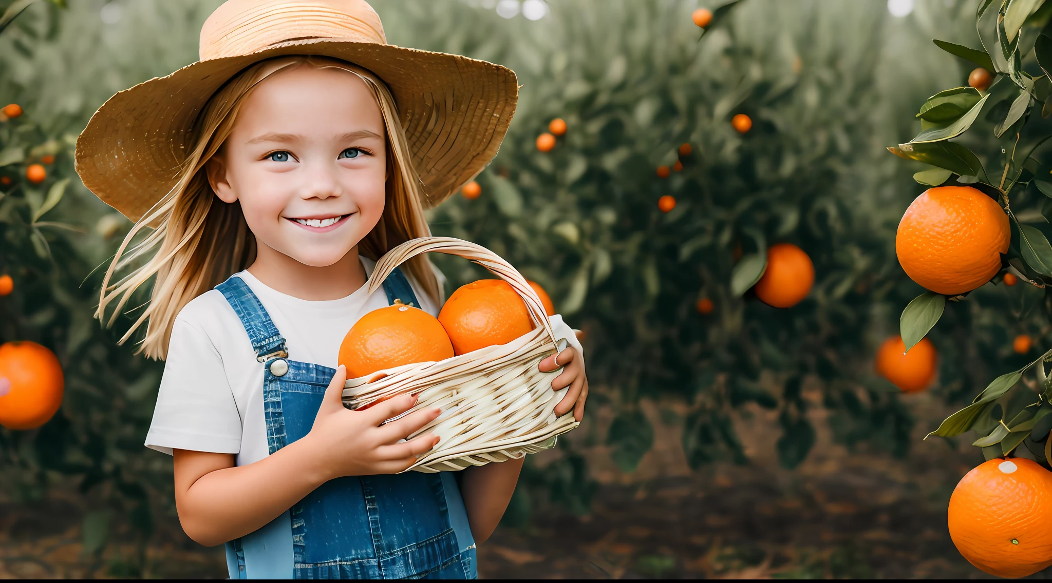 A high-resolution photo of a closeup of a BLONDE  girl with long hair, in denim overalls, white T-shirt, loose farmer's hat, looking at the camera, standing in the field of (fruit trees), holding a basket of oranges