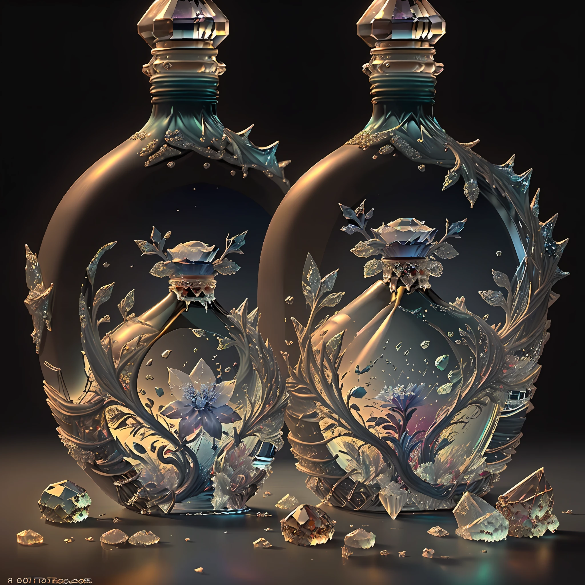 (masterpiece, top quality, best quality, official art, beautiful and aesthetic:1.2),(8k, best quality, masterpiece:1.2),CGbottlesw, no humans, gem, still life, grey background, book, simple background, blurry, crystal,( blue gemstone:1.5),( Ice Flower Pattern:1.5), (Ice Flower Carving:1.4),( blue glass,:1.5) glass bottles, Metal flower carving,