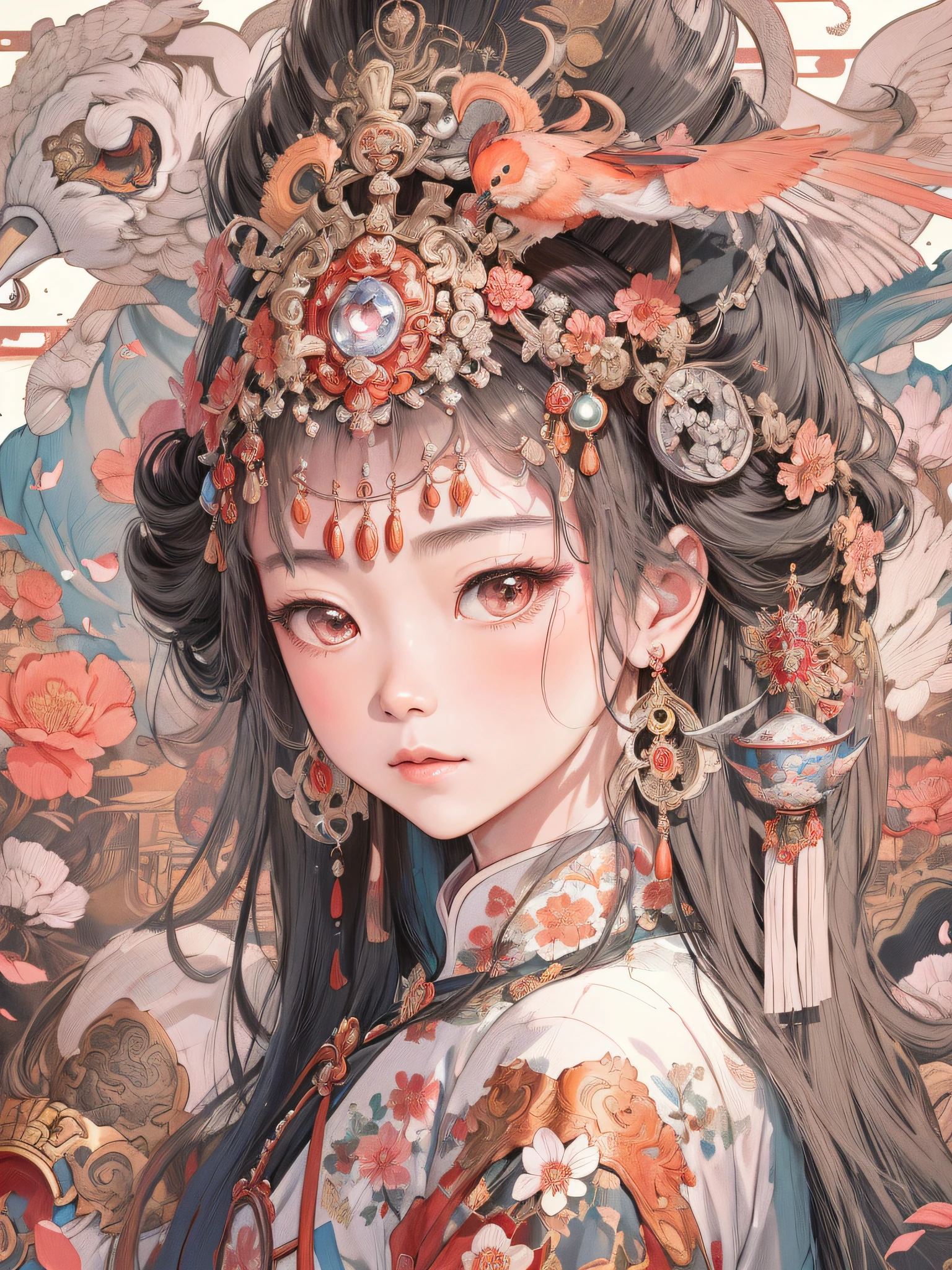 a close up of a woman with a bird on her head, Palace , A girl in Hanfu, Beautiful character painting, 8K high quality detailed art, ancient china art style, Chinese style, a beautiful fantasy empress, China Princess, ((a beautiful fantasy empress)), with ancient chinese aesthetic, Chinese traditional, Cute detailed digital art, Princesa chinesa antiga