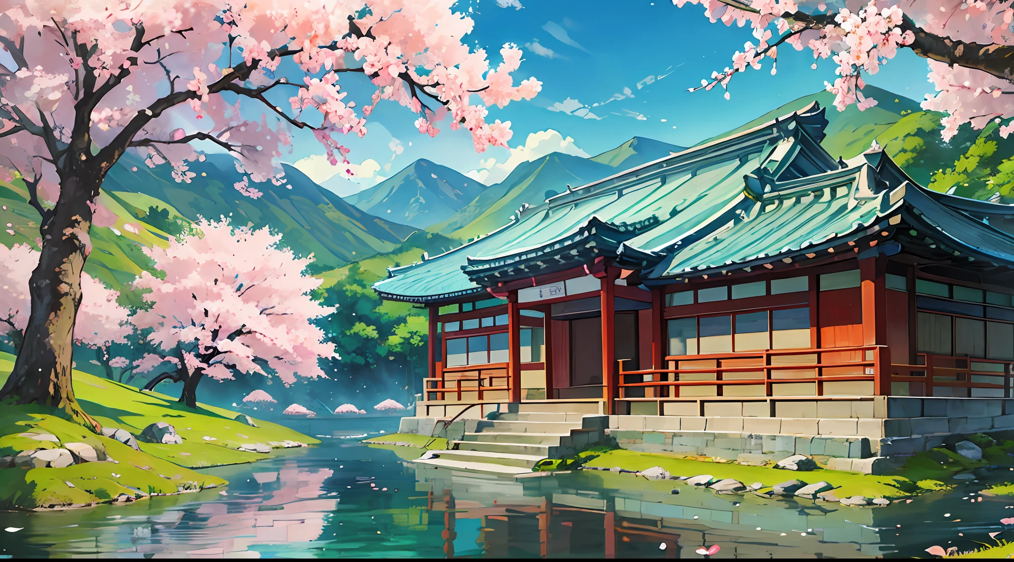 (masterpiece) Peaceful and serene (Korean landscape painting) featuring (traditional Korean architecture), (lush green mountains), (tranquil flowing rivers), (blooming cherry blossom trees), and a (calm blue sky). make a cartoonist look of the city --auto