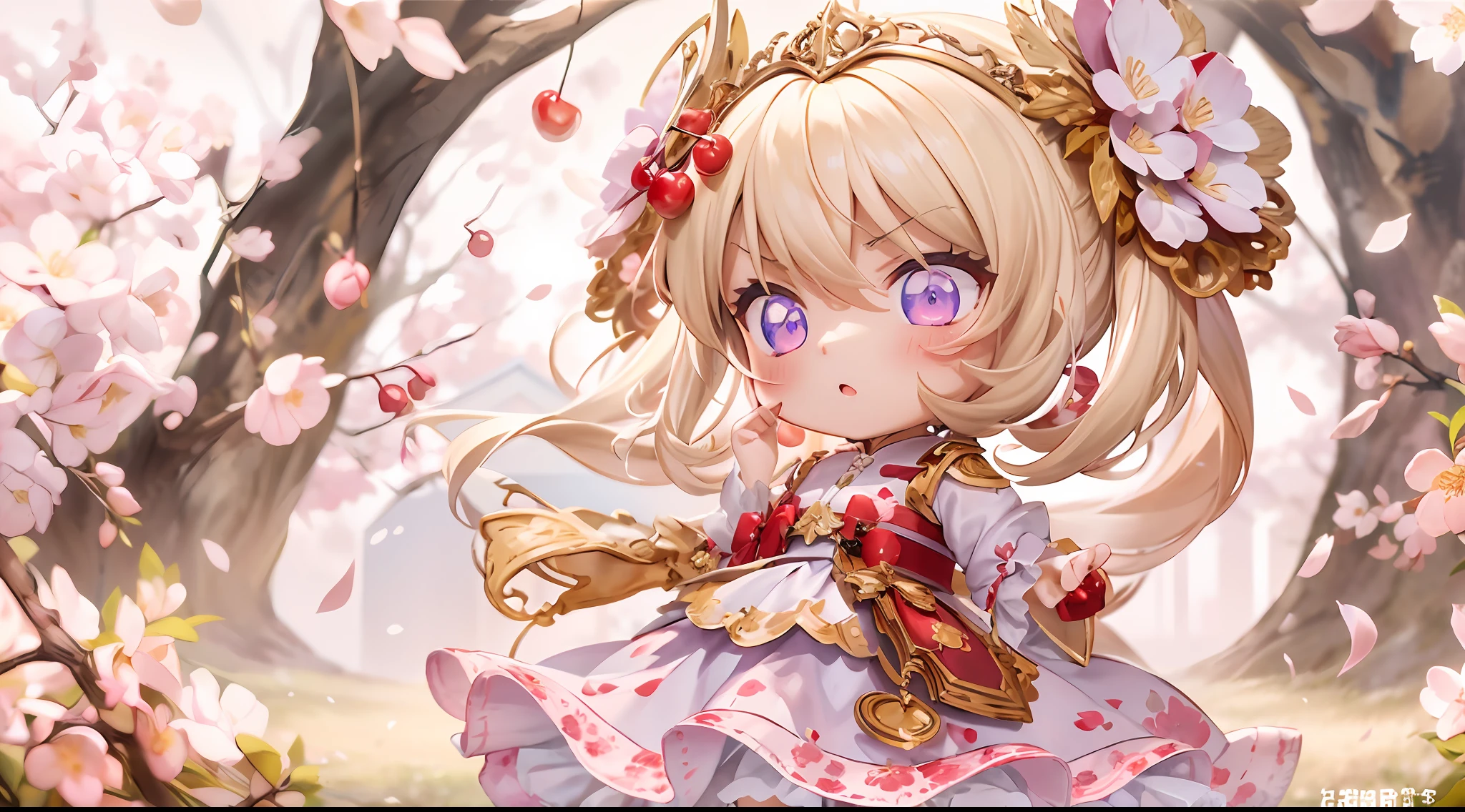 Doll standing in front of the painting, blonde, angry face, Sengai, pixiv, rococo, dolfie dream, watercolor Nendoroid, (high definition figure), flowing cherry colored silk, nendroid, highly_detailed!!, cherry blossom petals, flowing cherry blossom silk, season!!: 🌸 ☀ 🍂 ❄