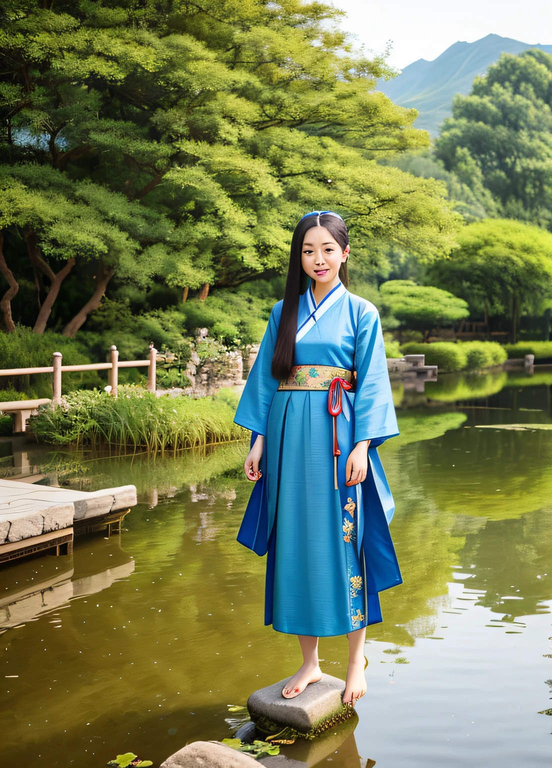 （4K，tmasterpiece，best qualtiy），Traditional ink，Chinese style picture，Lotus Hanfu，maxikit，conservativelydressed，A girl with long blue hair smiles and soloes by the pond，Standing barefoot by the pond，arms back behind。