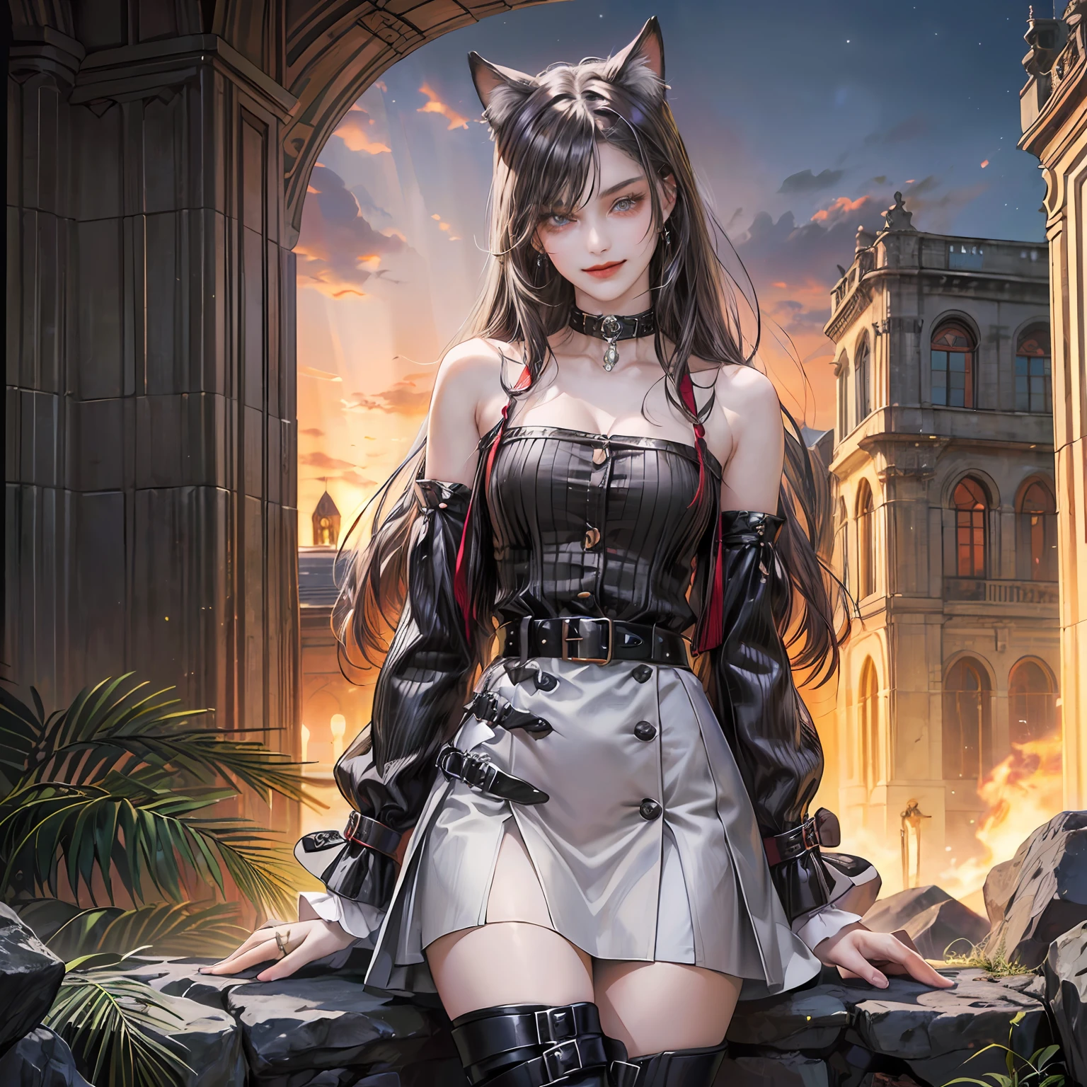 Top quality、extremelydelicateandbeautiful、((Catgirl)、11 Jahre alt、(DUNKLES Haar)、Gray clothes with vertical buttons、Belt at the waist、grauer Minirock、long Hair、(rotes Haarband)、(braune Stiefel)、Rotäugig、stehend、a smile、Rote wangen --auto