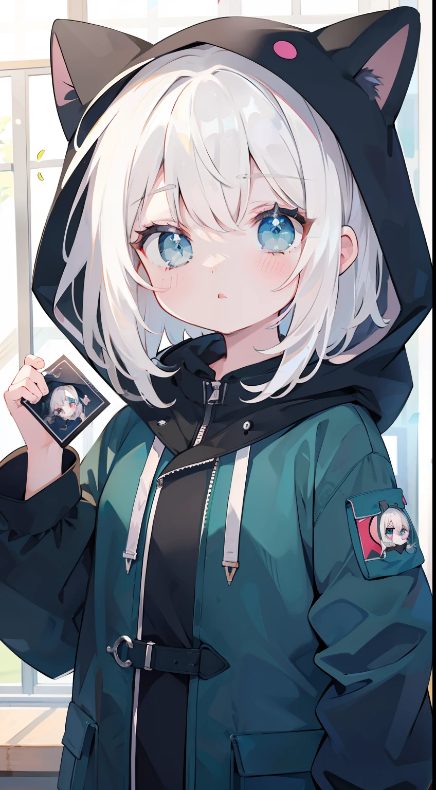 One girl、​masterpiece、top-quality、Top image quality、white  hair、parka、Wearing a hood、cute little、blue eyess、