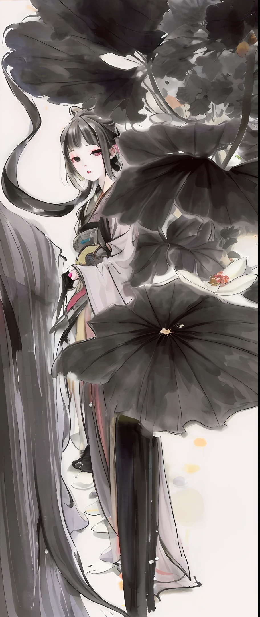 A man with long white hair and a black scarf and black eye patch， dressed in ancient Chinese clothing, Flowing tulle, Light silk, lazy posture, large lotus leaf, lotuses, Ink painting style, Clean colors, Decisive cut, White space, impressionistic, Masterpiece, ...