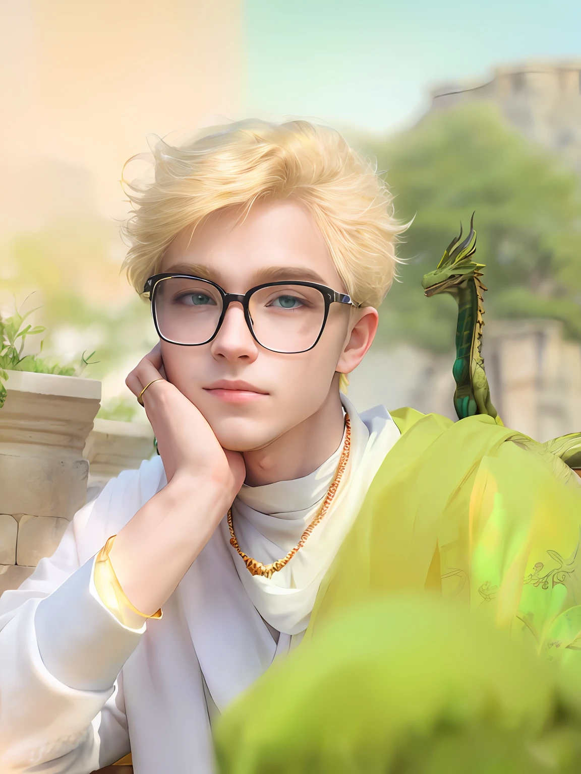 Blonde boy sitting on a dragon wearing glasses and a yellow-green shawl, Full of mystery,There are ancient totems on the body,There are magic arrays and mysterious brilliance around you