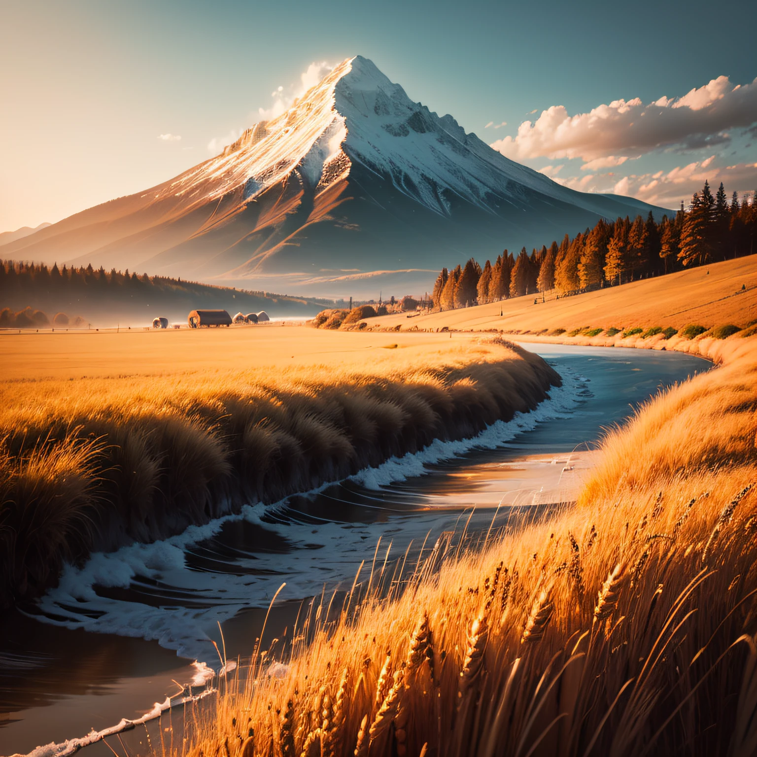 "The golden wheat waves swayed gently,Yellow vintage style,Beautiful depiction,Mountains in the distance,Burning clouds" --auto