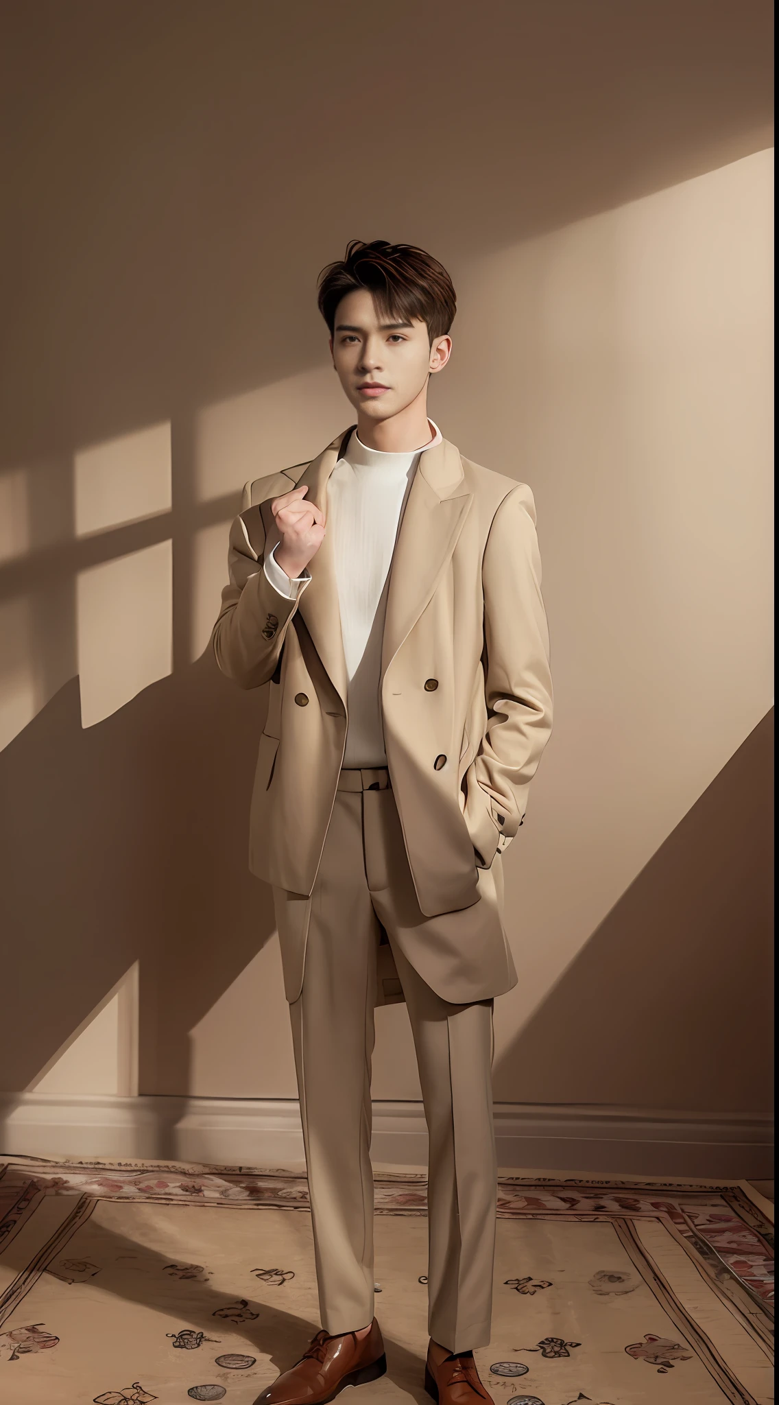 best quality, masterpiece, (photorealistic:1.4), uthful man,22 years-old, ultra high detail face,solo, short hair, big eyes, coat,long sleeves, upper body, dramatic lighting, looking at viewer,Beige casual suit, standing, indoors, living room, tables, carpet, wooden floor, decorations, window, sunshin