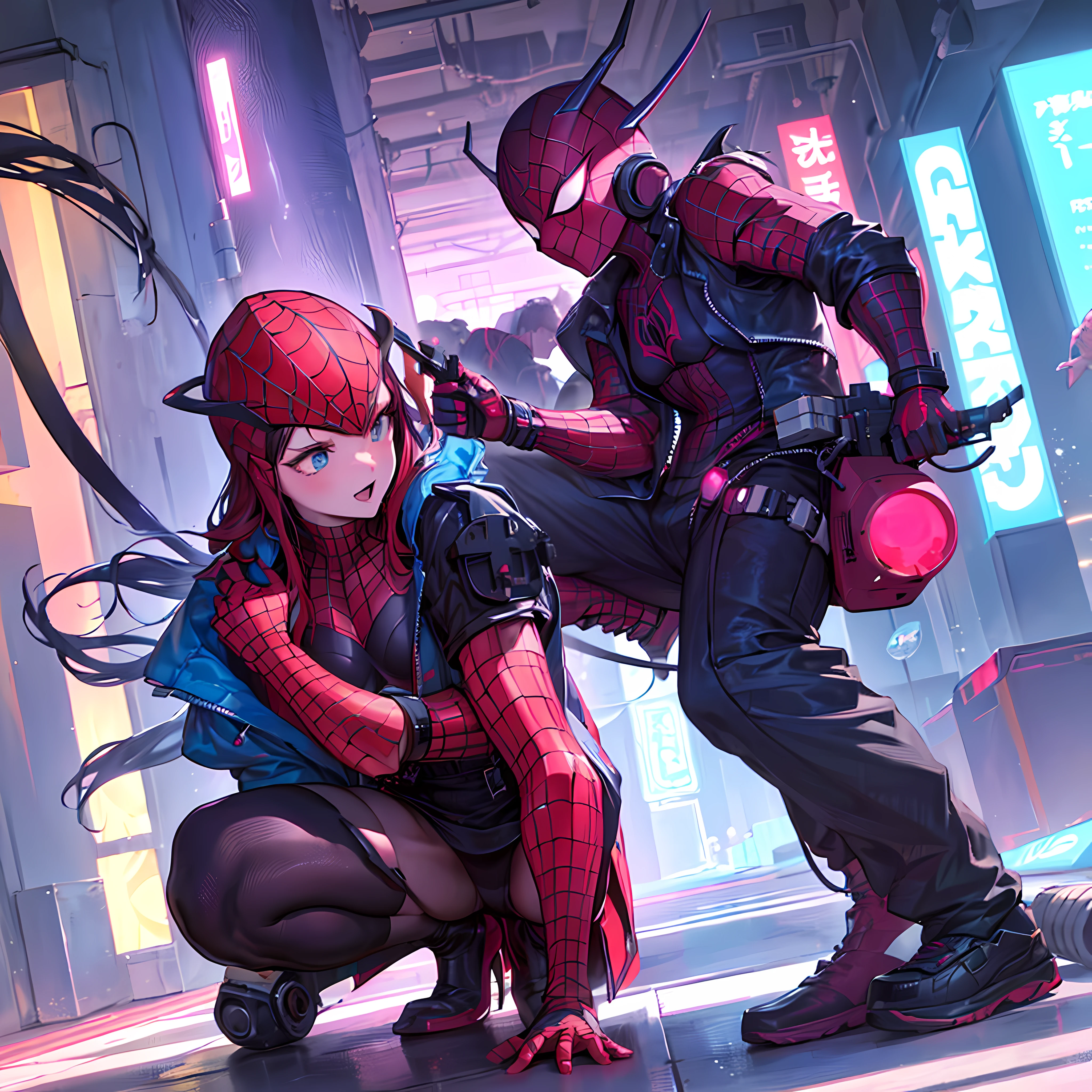retrowave, cyberpunk, spiderman and homem aranha, fight at tokio street, 8k hdi, cannon picture, ultrarealista ((ultra detalhado)) ((melhor qualidade)) --auto