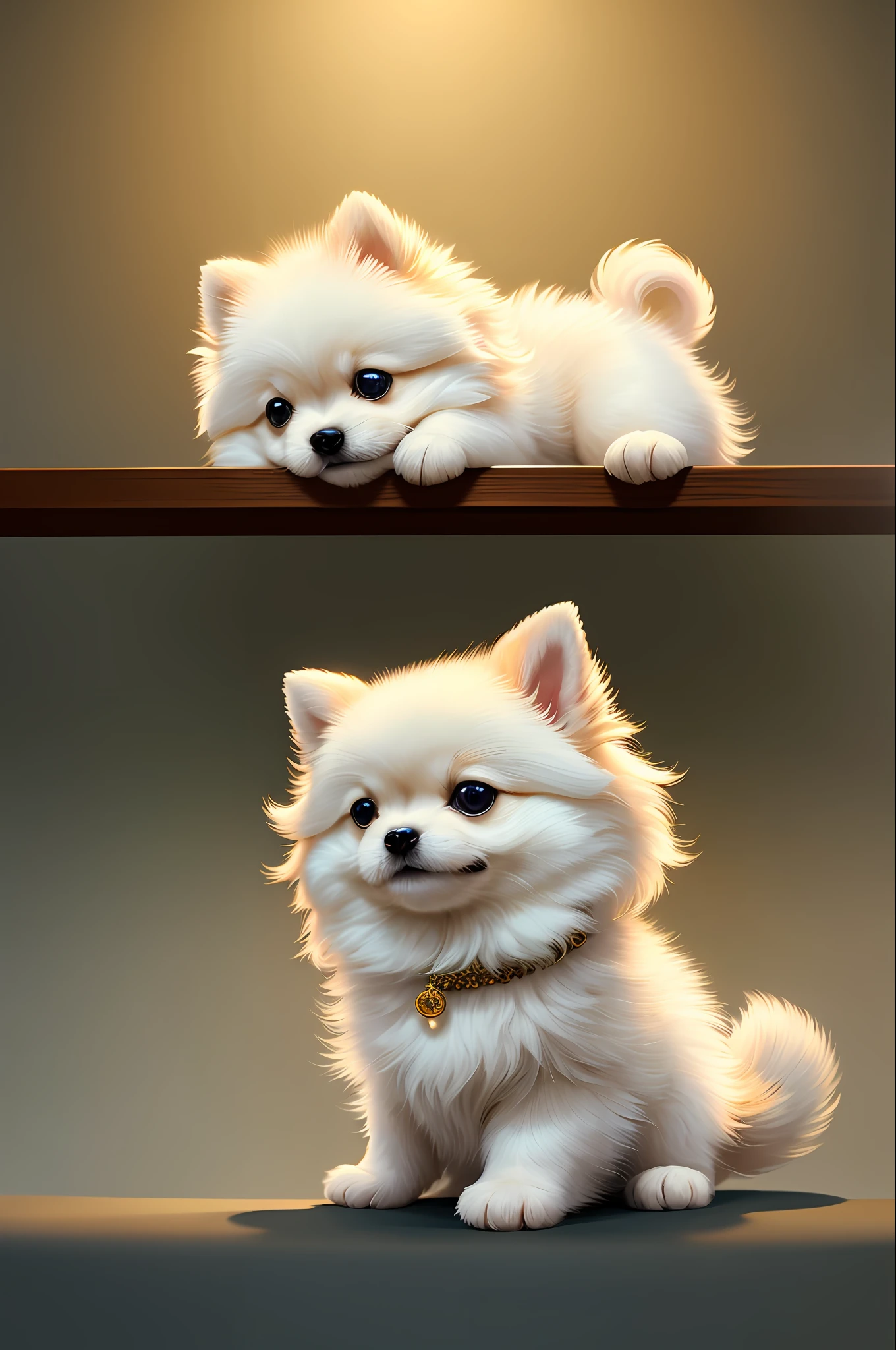 Very cute cavoodlepup illustration,8K分辨率,A high resolution,ultra-detailliert,Explicit attention to the Ultra HD White Pomeranian very detailed character design。Edge lights、The use of soft light and solar flares should add depth and mood to the image。fluffly、A foggy light gold floral background with a subtle mist effect is ideal,Add a touch of mystery to the illustration。Vibrancy Colors should be used to bring the puppy to life,Emphasize the puppy's fluff and character。