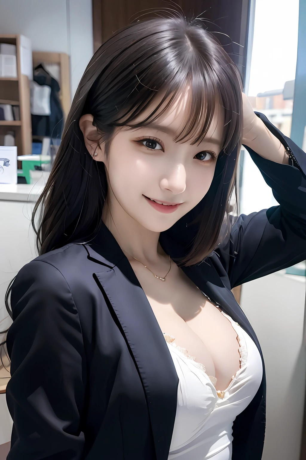 (8k, RAW photo, ultra high res, best quality, masterpiece:1.2), (realistic illustration), (extremely detailed CG unity 8k wallpaper), absurdres,
1 girl,21 yo, beautiful face,medium breasts,black medium hair,smile,tilting head,grin,upper body,slim fit pants,gray tailored jacket,office,upper body、乃木坂アイドル、女優、韓国アイドル