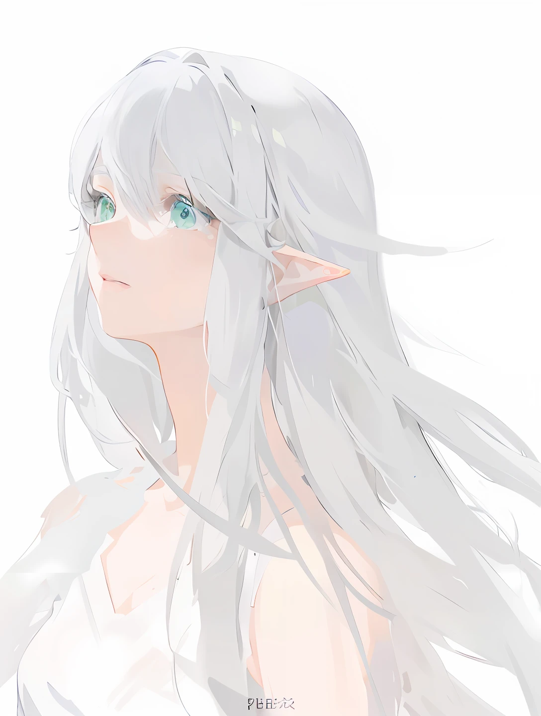 Falling cherry blossom background,Blue-green eyes,high and cold,apathy,Anime girl with long gray hair and green eyes, made with anime painter studio, drawn in anime painter studio, speedpaint, long white hair, silber hair, with long white hair, white haired Cangcang, flat anime style shading, Soft anime illustration, Flowing white hair, anime shading), Flowing white hair, sketchy artstyle, Silver hair girl, White-haired god,ears of elf,streaming tears。