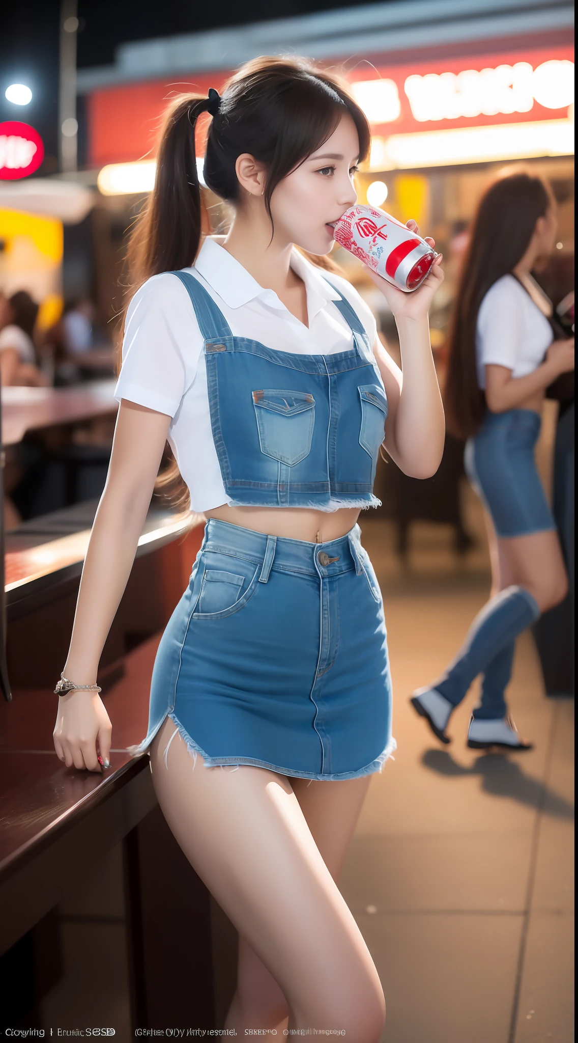 8K，UHD，high definition detail，tmasterpiece，((best details)),((high qulity))，SOLO，In the food street at night，A petty girl wearing a slip denim skirt and short sleeved vest，Drinking Coke while walking