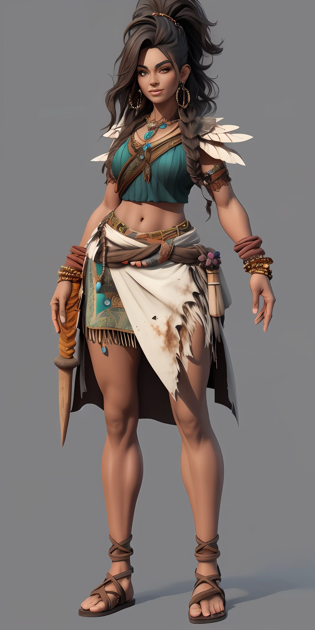 (1 Beautiful girl in the North),Full body like,Stone Age,Primitive barbarian style,(photorealisti,realisticlying,long leges:1.4),sandals,pigeons,white skirt,highly details eye,详细的脸,Nature, Black color hair, A magic wand made of bone,white backgrounid,character concept, character art,tmasterpiece,best qualtiy,Best resolution,8K
