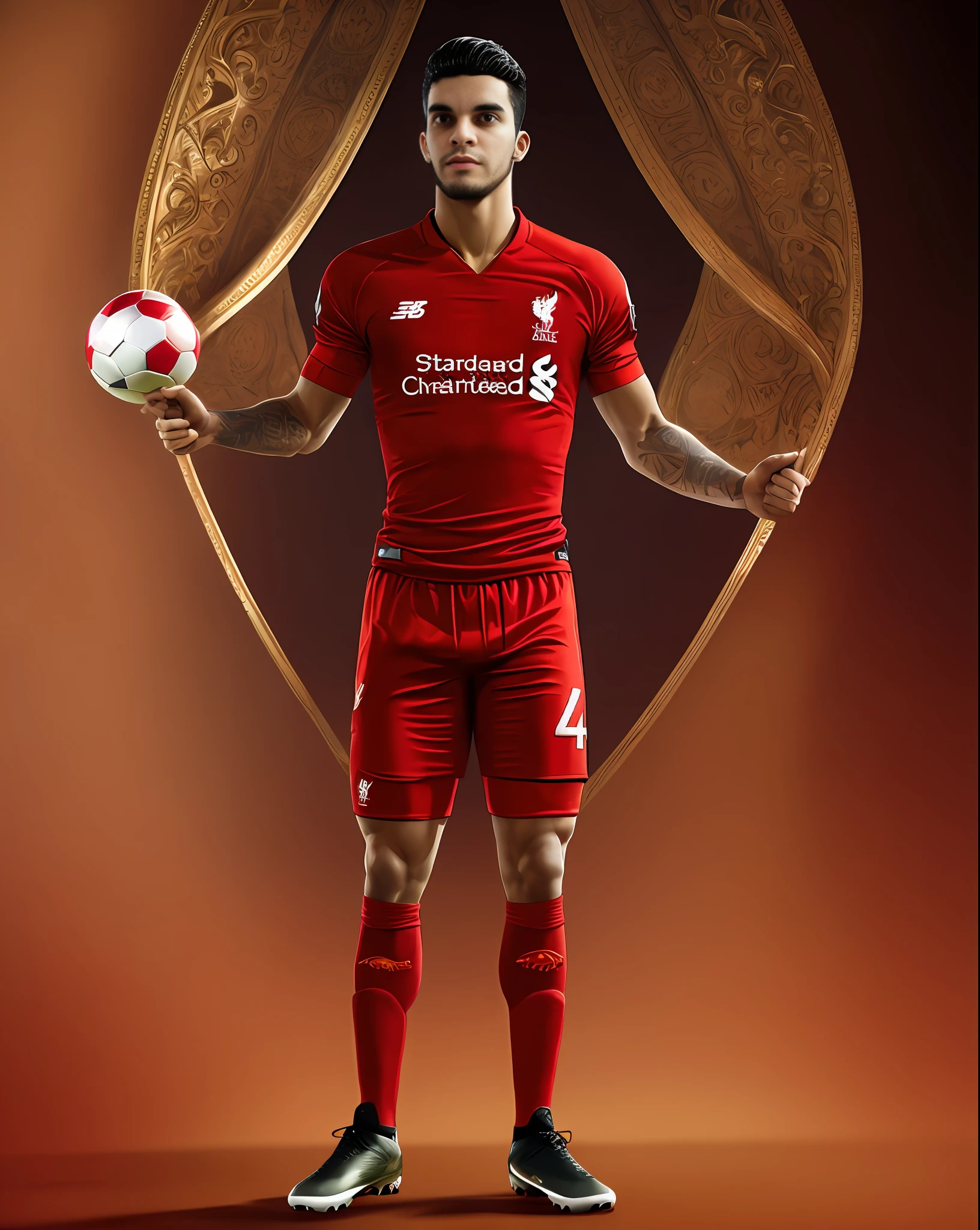 Football player in red uniform standing on the field with legal background, , olhando para a sua esquerda, foto de retrato, detalhado artstation,4k, iluminado, Liverpool, football, soccer, da Liga, of Champions in Liverpool, HD,icaro carvalho, caio santos, imagem frontal, david rios ferreira, edu souza, Directed by: Nandor Soldier, Foto realista, mateus, Henry Alvim Correa, (34 anos), arte digital, Carmelo Blandino, Alejandro, hd, vestindo uma roupa de futebol