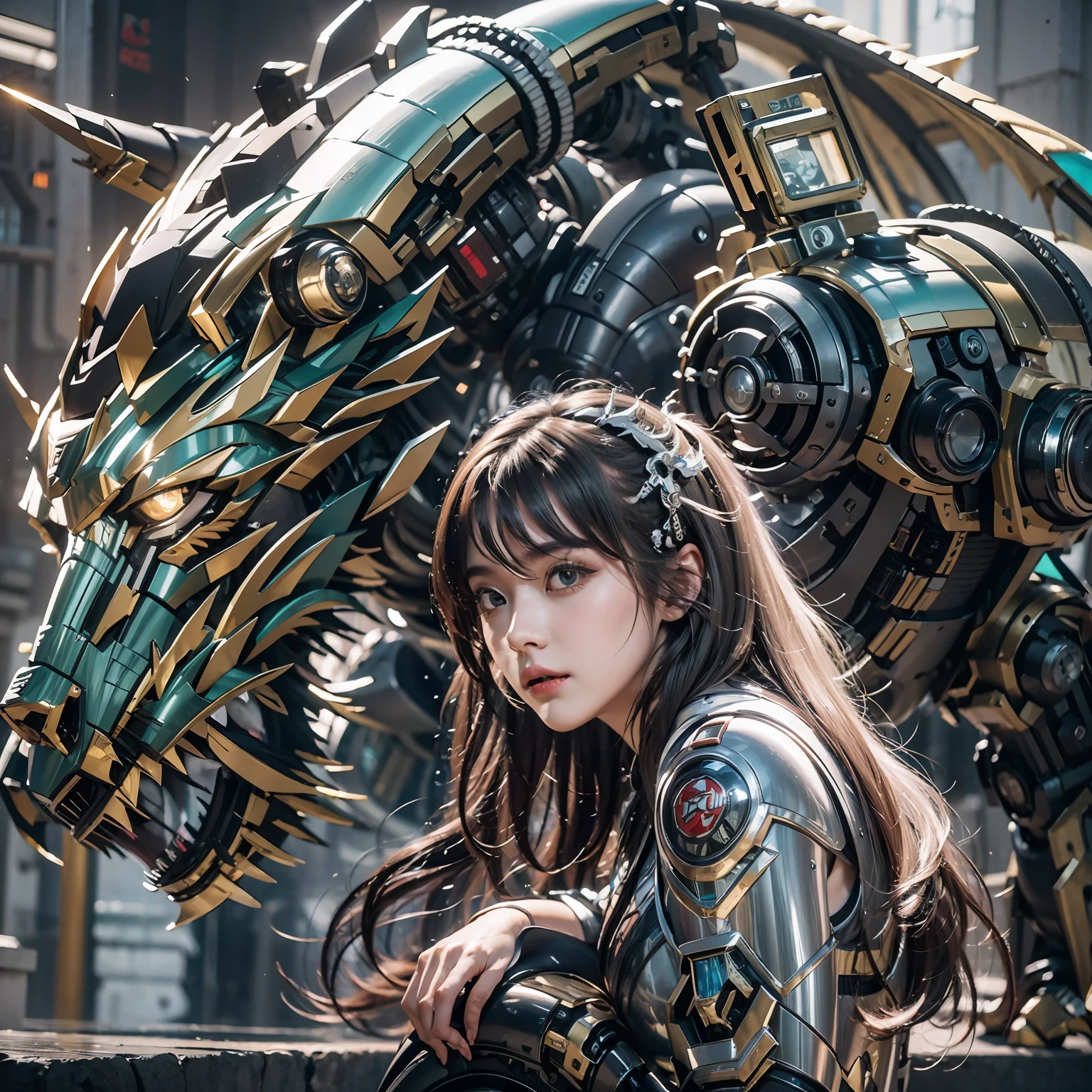 1girll，Big eyes，Perfect facial features，With a mecha helmet，mechs，Photorealsitic，Metallic，sitting on a stool，eyes looking at the lens，Lips slightly open，There is a mecha dragon behind him，Dragon，best qualtiy，c4d渲染，rendering by octane，Cinematic quality，tmasterpiece，16k,(full body)