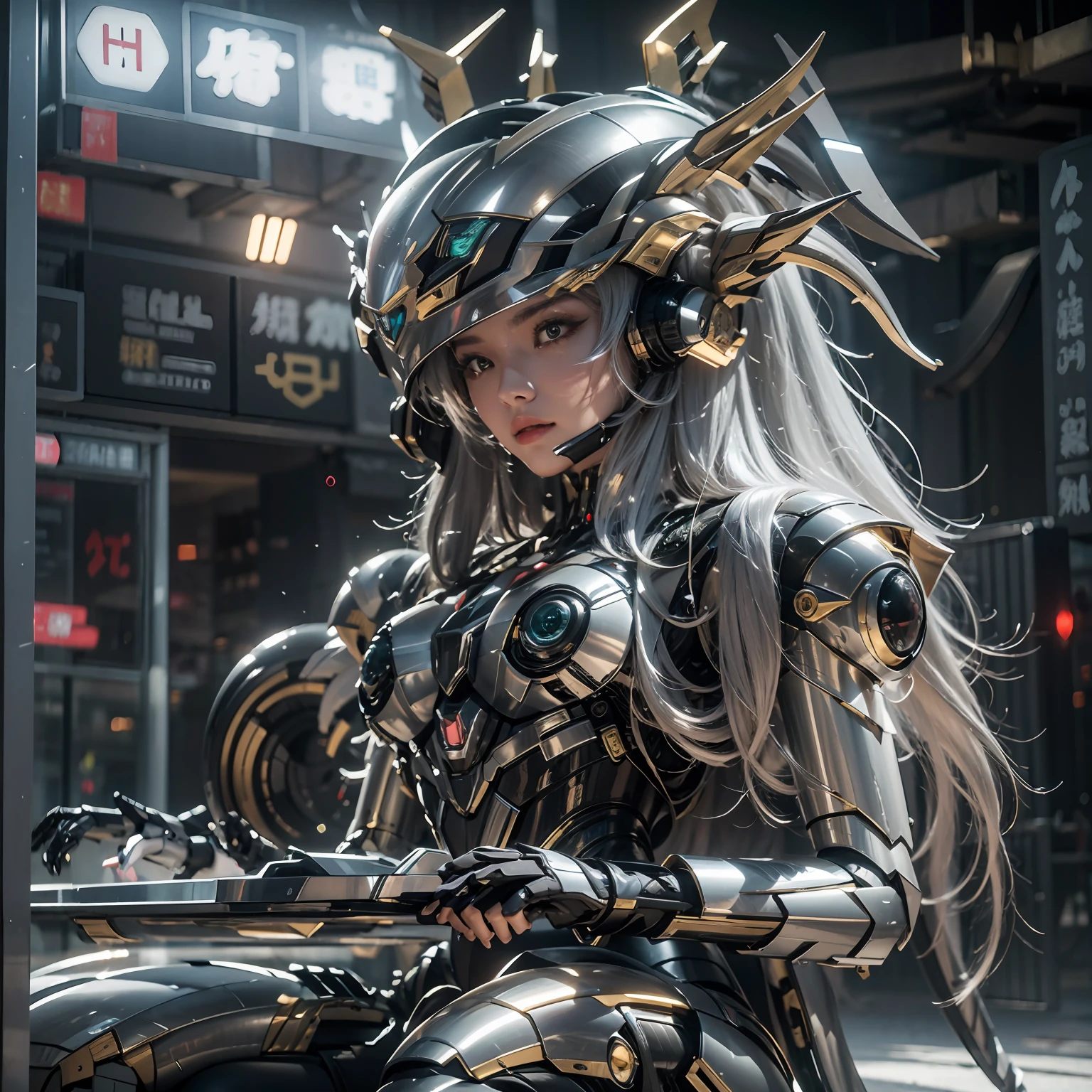 1girll，Big eyes，Perfect facial features，With a mecha helmet，mechs，Photorealsitic，Metallic，sitting on a stool，eyes looking at the lens，Lips slightly open，There is a mecha dragon behind him，Dragon，best qualtiy，c4d渲染，rendering by octane，Cinematic quality，tmasterpiece，16k,(full body)