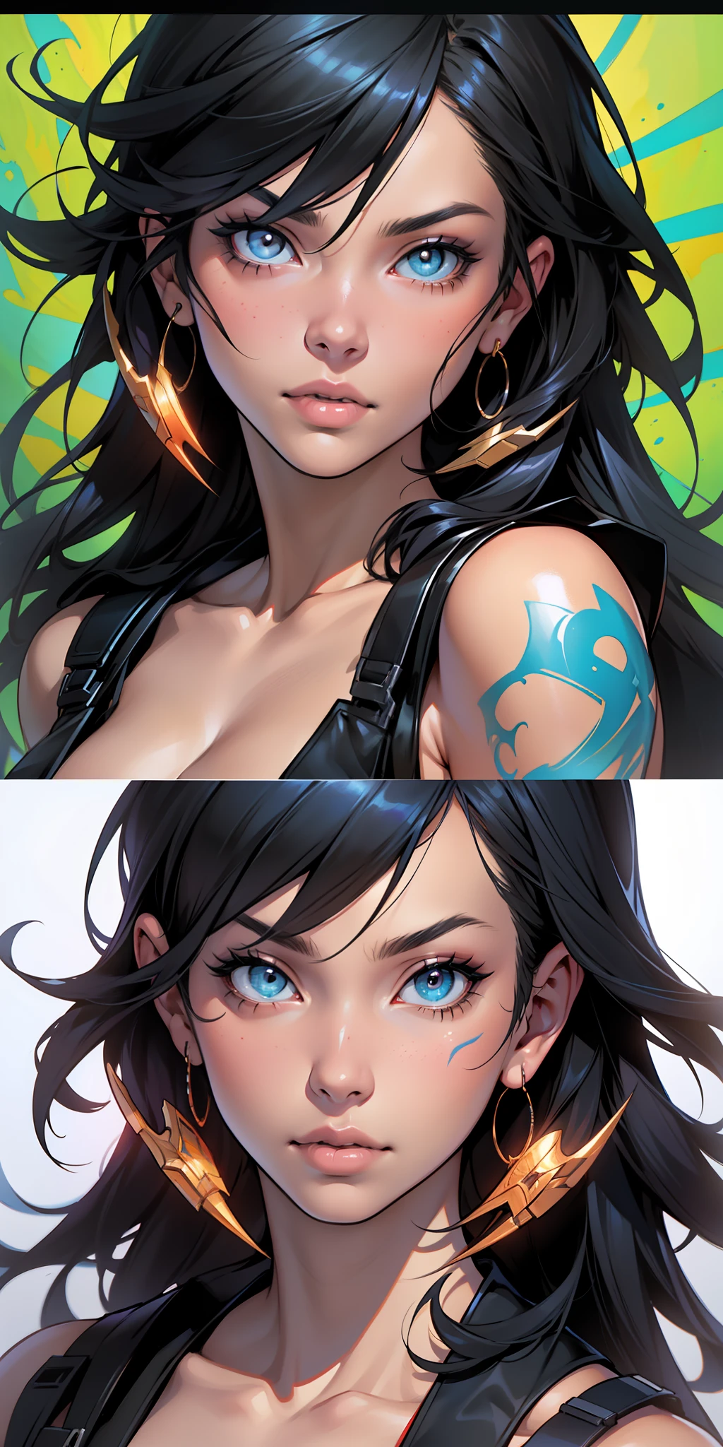 :: comix style ryuko hikari ::2.9 style :: concept art, smooth, sharp focus, illustration, , character sheet, lightningwave, beautiful anime watercolor painting ,paint dripping by tim okamura, victor nizovtsev, greg rutkowski, noah bradley. trending on artstation, 8k, masterpiece, graffiti paint, fine detail, full of color, intricate detail, golden ratio illustration,monochromatic green background, masterpiece, best quality, high quality, highres, best quality, high resolution fix, bright amazing lighting, detail enhancement,(beautiful and clear background:1.2),, fantastic paintings ,graffit style, best quality, high quality, highres, detail enhancement, ((most beautiful image in the world)), masterpiece, best quality, high quality, highres, detail enhancement, ((most beautiful image )), , emphasis on the correct 5 fingers on each hand and the correct shadow, , bright image, art by stanley artgerm lau, art by kenneth rocafort, art by genzoman, art by joe madureira, art by blushyspicy, art by stjepan sejic, art by j scott campbell, art by guillem march, art by citemer liu, 4k, high resolution, comic book, comic book character, comic, high quality, masterpiece, best quality, high quality, highres, amazing lighting, detail enhancement, most beautiful image in the world, 8k resolution, awe inspiring, hd, 4k, masterpiece, highres, absurdres, natural volumetric lighting and best shadows, deep depth of field, sharp focus,::inking comix on pencils by richard luong ::stMulher cyberpunk com pele escura e olhos azuis e cabelo castanho curto, vestindo uma blusa branca folgada e um short de banho 8k_wallpaper, olhos extremamente detalhados, corpo extremamente detalhado, dedo extremamente detalhado, (grande obra de arte digital), (Detailed manga illustration), (arte detalhada), ((perfeito)) anatomia, BETTER HANDS)), (detalhes intrincados:1.3), (ultra-detalhado:1.3), (illustration:1.3), (foco nítido:1.3), ( natural lightting:1.05), (cores vivas:1.3), Modelo: Break Domain