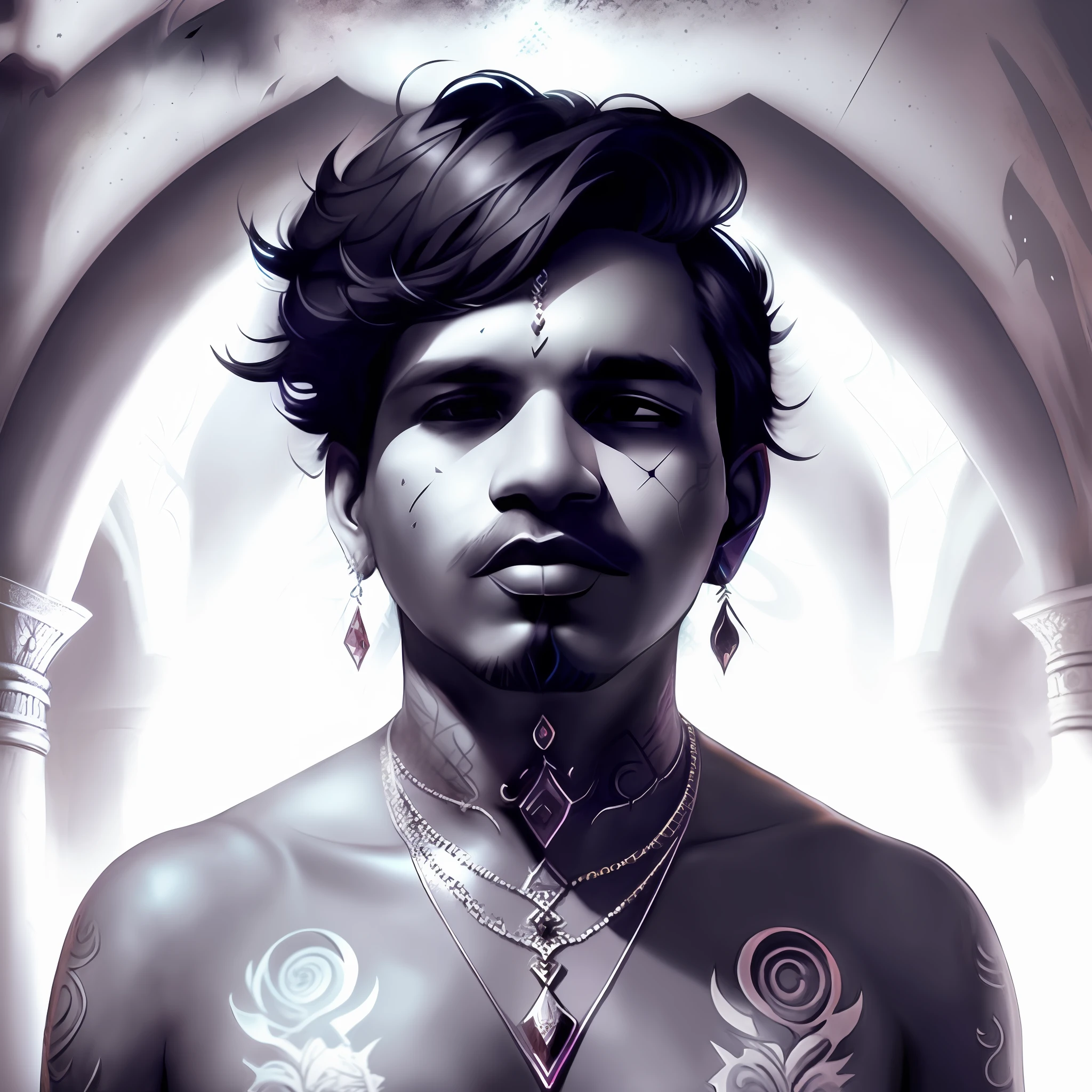 there is a man with tattoos on his chest and chest, cyborg hindu godbody, djinn human hybrid, fantasy male portrait, stunning digital illustration, inspired by Kailash Chandra Meher, detailed matte fantasy portrait, archan nair, hindu aesthetic, epic portrait illustration, martin ansin artwork portrait, neoartcore and charlie bowater, symmetry!! portrait of akuma