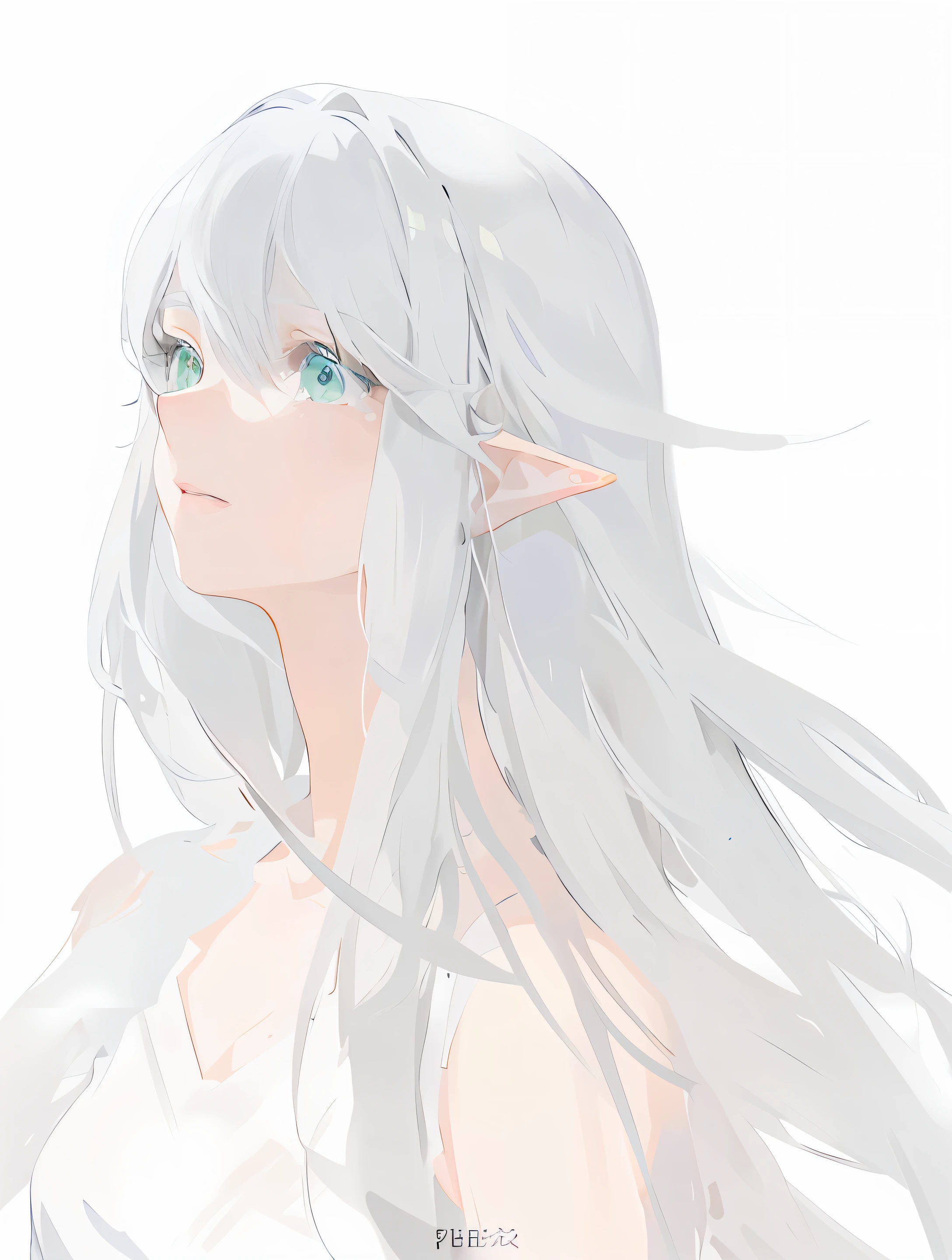 Falling cherry blossom background，Blue-green eyes，high and cold，apathy，Anime girl with long gray hair and green eyes, made with anime painter studio, drawn in anime painter studio, speedpaint, long  white hair, silber hair, with long white hair, white haired Cangcang, flat anime style shading, Soft anime illustration, Flowing white hair, anime shading), Flowing white hair, sketchy artstyle, Silver hair girl, White-haired god，ears of elf，streaming tears。