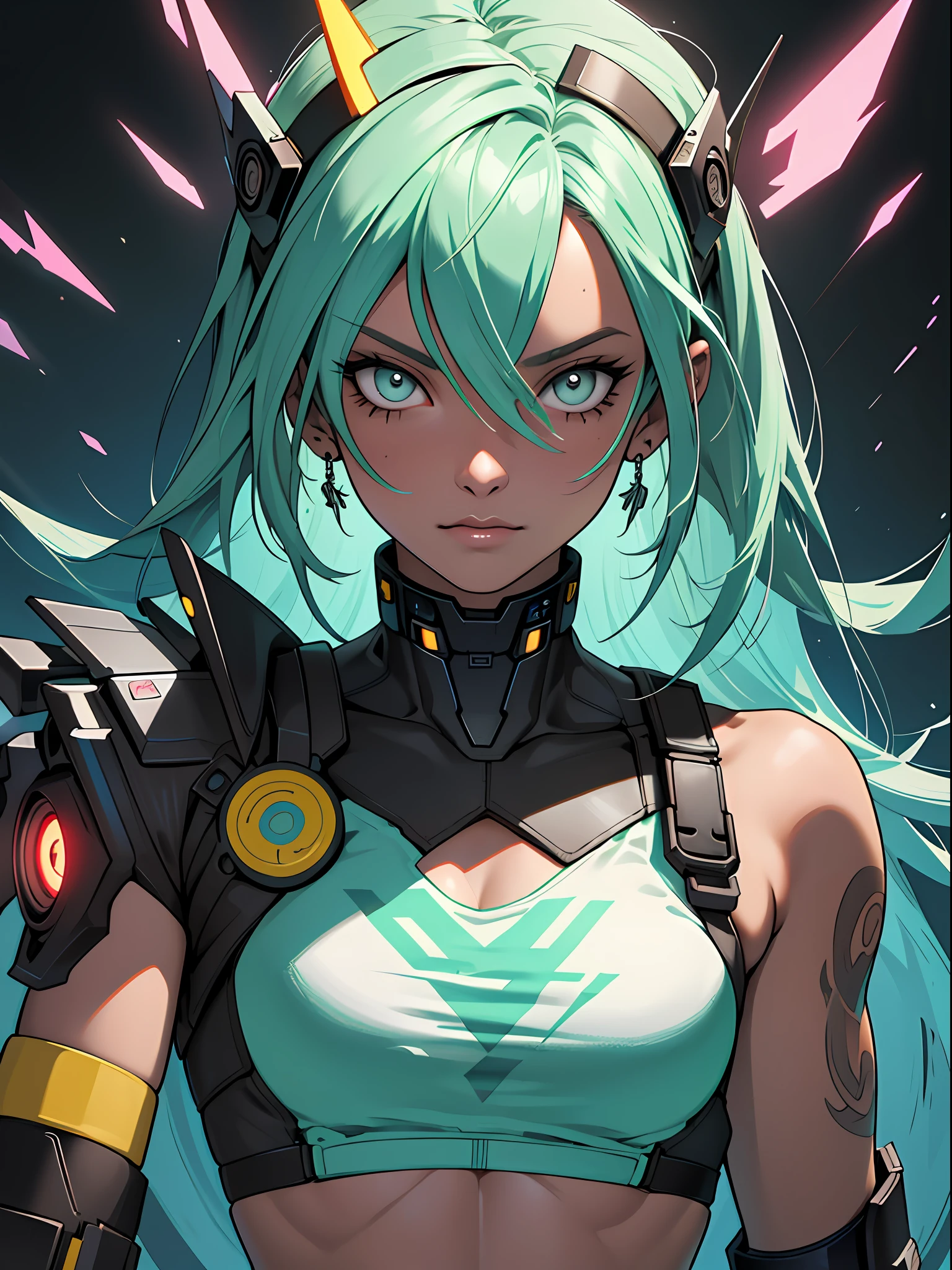 Mulher cyberpunk com pele escura e olhos azuis e cabelo castanho curto, vestindo uma blusa branca folgada e um short de banho 8k_wallpaper, olhos extremamente detalhados, corpo extremamente detalhado, dedo extremamente detalhado, (grande obra de arte digital), (Detailed manga illustration), (arte detalhada), ((perfeito)) anatomia, BETTER HANDS)), (detalhes intrincados:1.3), (ultra-detalhado:1.3), (illustration:1.3), (foco nítido:1.3), ( natural lightting:1.05), (cores vivas:1.3), Modelo: Break Domain