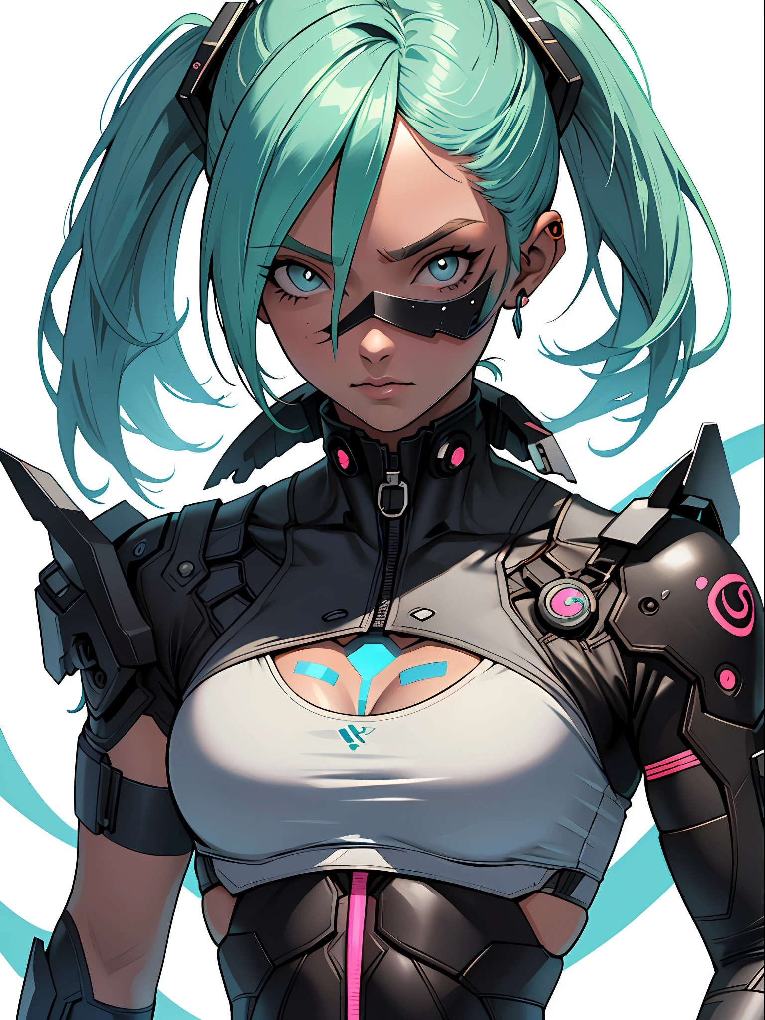 Mulher cyberpunk com pele escura e olhos azuis e cabelo castanho curto, vestindo uma blusa branca folgada e um short de banho 8k_wallpaper, olhos extremamente detalhados, corpo extremamente detalhado, dedo extremamente detalhado, (grande obra de arte digital), (Detailed manga illustration), (arte detalhada), ((perfeito)) anatomia, BETTER HANDS)), (detalhes intrincados:1.3), (ultra-detalhado:1.3), (illustration:1.3), (foco nítido:1.3), ( natural lightting:1.05), (cores vivas:1.3), Modelo: Break Domain