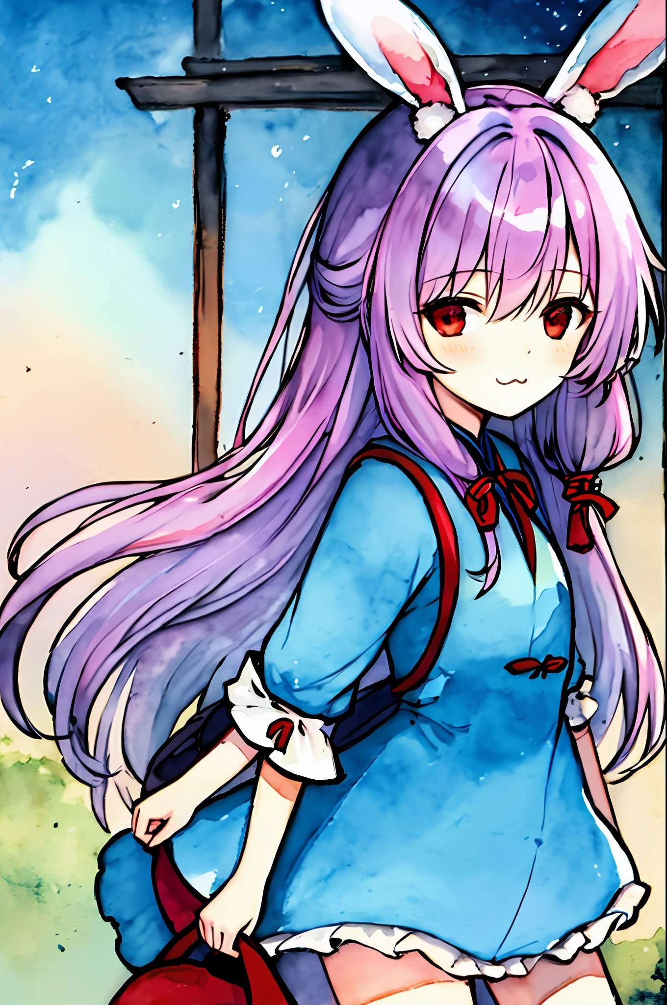 orient， 1girll， （（Suzusen））， （（tmasterpiece，best qualityer））， ink and watercolor painting， red eyes，long whitr hair， Purple colored hair， （blue-shirt： 1.5）， （校服： 3.0）， Rabbit ears，