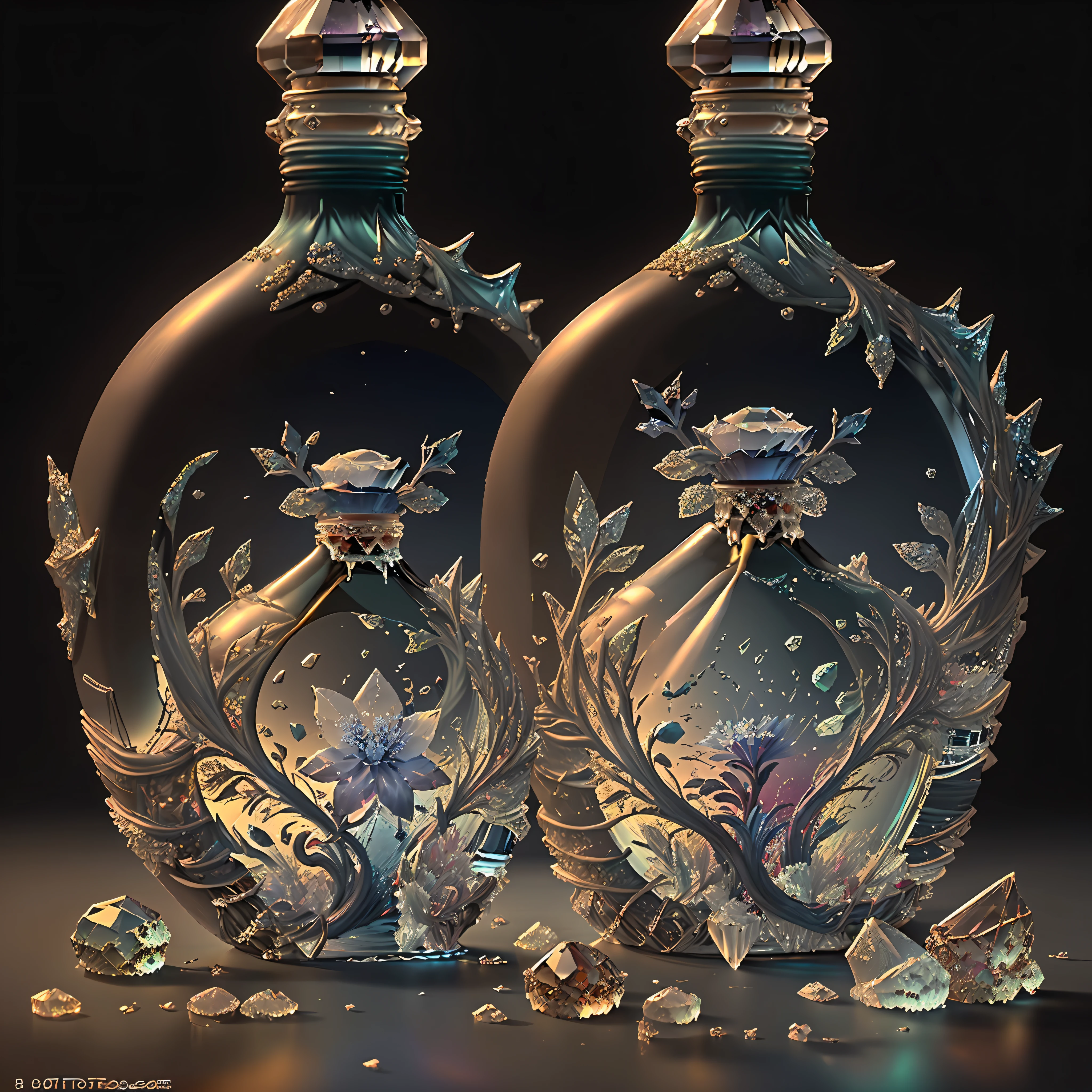 (masterpiece, top quality, best quality, official art, beautiful and aesthetic:1.2),(8k, best quality, masterpiece:1.2),CGbottlesw, no humans, gem, still life, grey background, book, simple background, blurry, crystal,( blue gemstone:1.5),( Ice Flower Pattern:1.5), (Ice Flower Carving:1.4),( blue glass,:1.5) glass bottles, Metal flower carving,