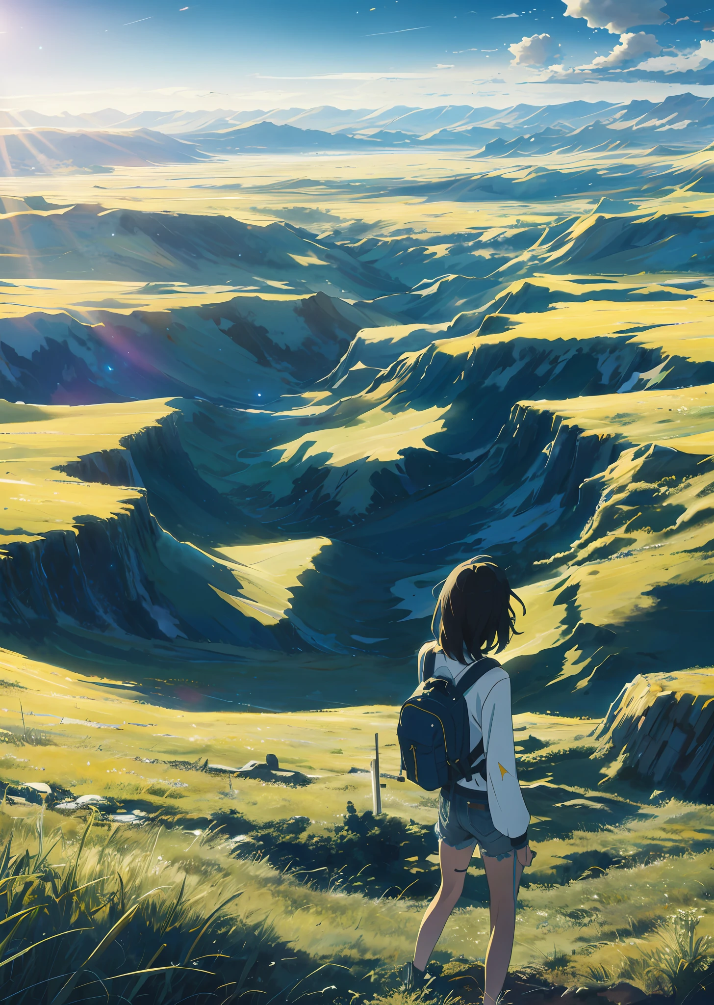 The vast sky,the beautiful skyline,Large grasslands,Intense and dramatic imagery,the moving visual effects,the high-hanging Polaris,Colorful natural light。A long-sleeved top,denim short,A ager carrying a backpack。