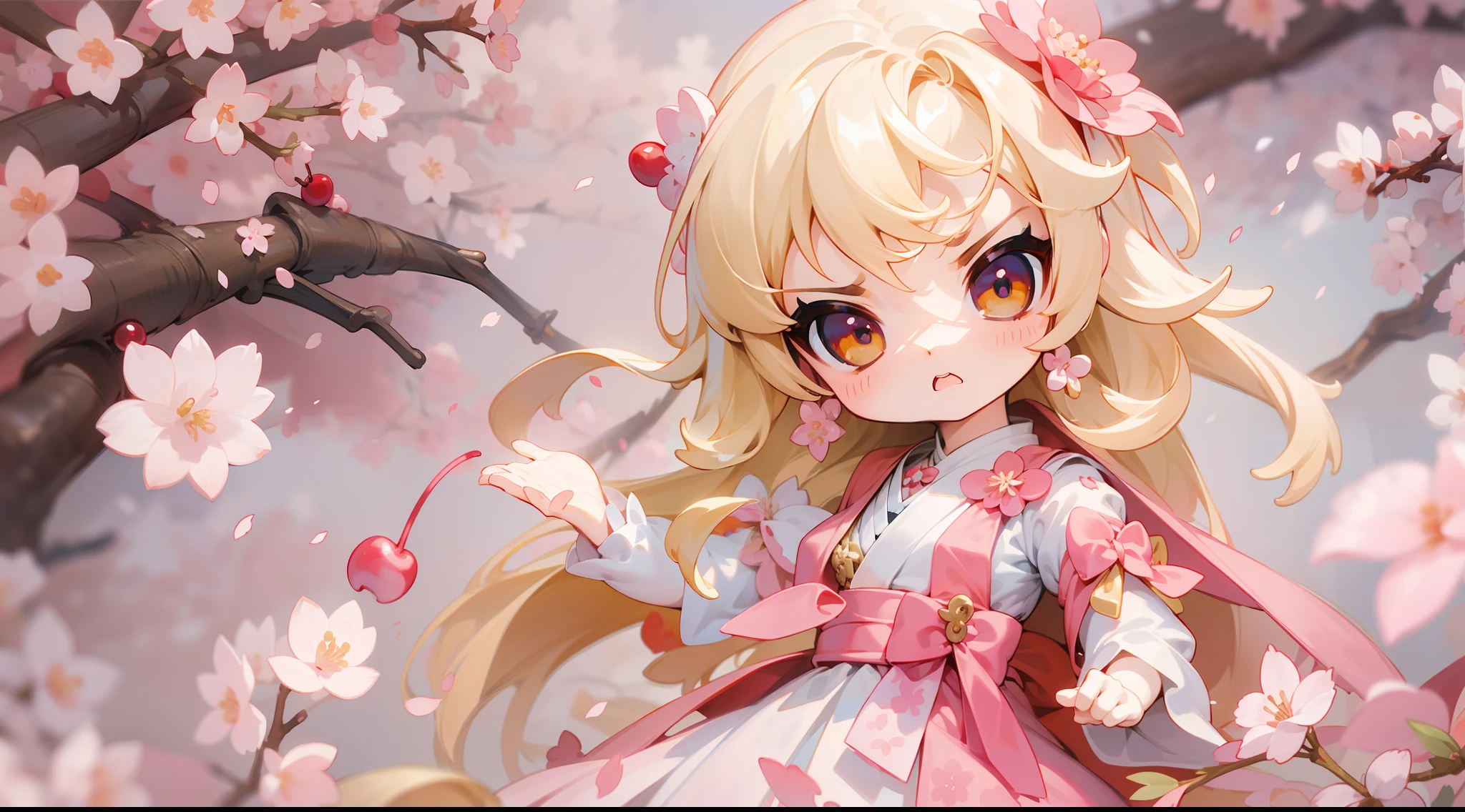 Doll standing in front of the painting, blonde, angry face, Sengai, pixiv, rococo, dolfie dream, watercolor Nendoroid, (high definition figure), flowing cherry colored silk, nendroid, highly_detailed!!, cherry blossom petals, flowing cherry blossom silk, season!!: 🌸 ☀ 🍂 ❄