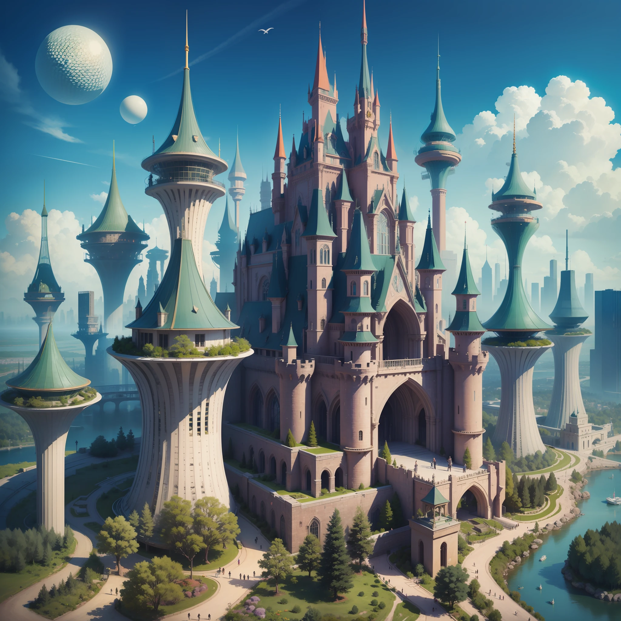 Skyscrapers　Super huge castle　cyberpunked　epcot　SF Utopia　top-quality　​masterpiece