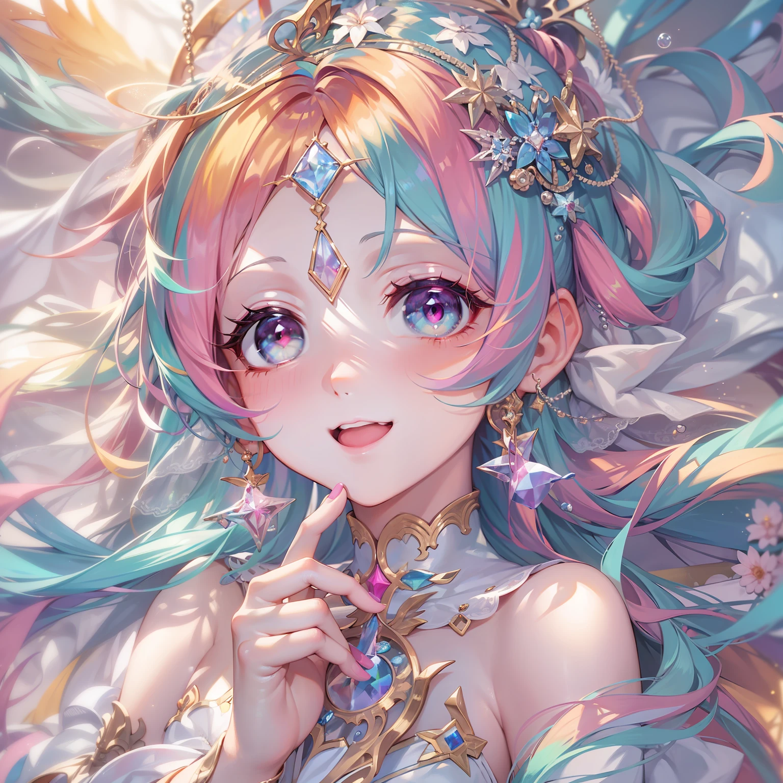 女の子1人、Whole human body、rainbow hair, hair between eye, tiarra、diamond-shaped pupils, makeup, smiley, anime styled, Iridescent dresses、F/1.8, From above, god statue、masutepiece, Best Quality