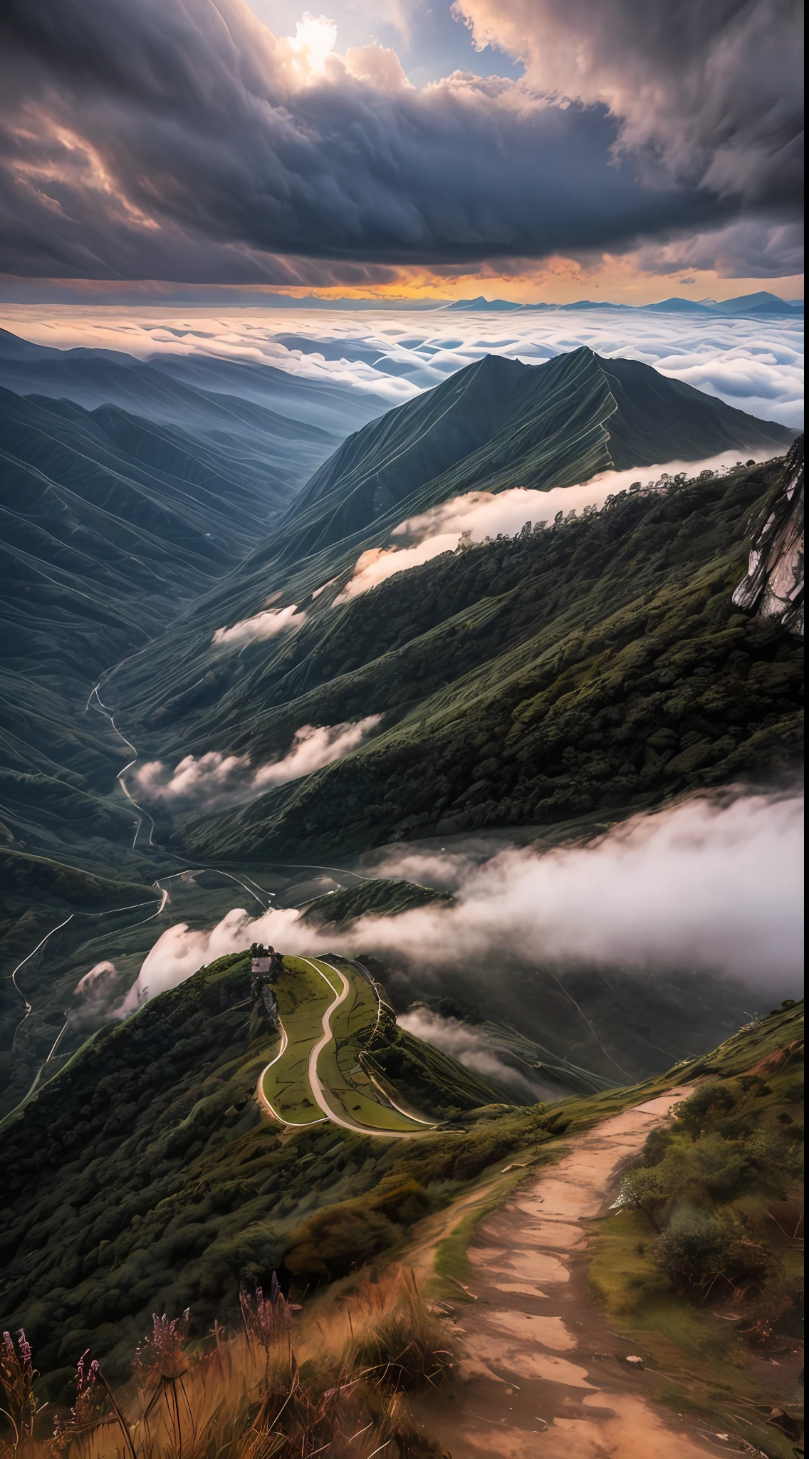 ((tmasterpiece)), (((best qualtiy))), ((ultra - detailed)), (astounding:1.1), big breasts beautiful, naturey, Large clouds on and around the mountaintop, baiyun, overcast day,Heavy fog,In the midst of lush landscapes, an award winning photograph, Toshiba PDR M70 boo