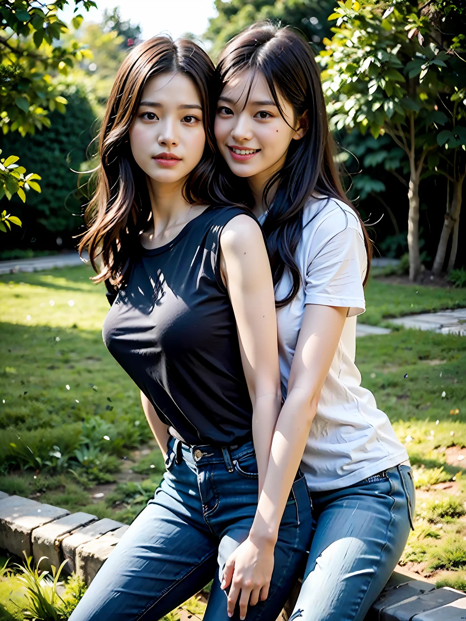 (超高分辨率,RAW photogr,realisticlying,tmasterpiece,best qualtiy:1.5),Complicated details,2 20 year old Korean girl,Wear a loose black T-shirt and skinny jeans,Stand on the grass and take pictures,hugs,Intimate relationships,Detailed meadow,A sweet smile on a small face,Ultra-realistic facial details,The face and skin are pink and white, and luminous,Playful and coquettish pose,The calves are straight and slender:1.2,Wear high-end brand sneakers:1.0,eventide:0.3,Broad lighting,naturalshadow:1.0,Photos showing the whole body:1.8