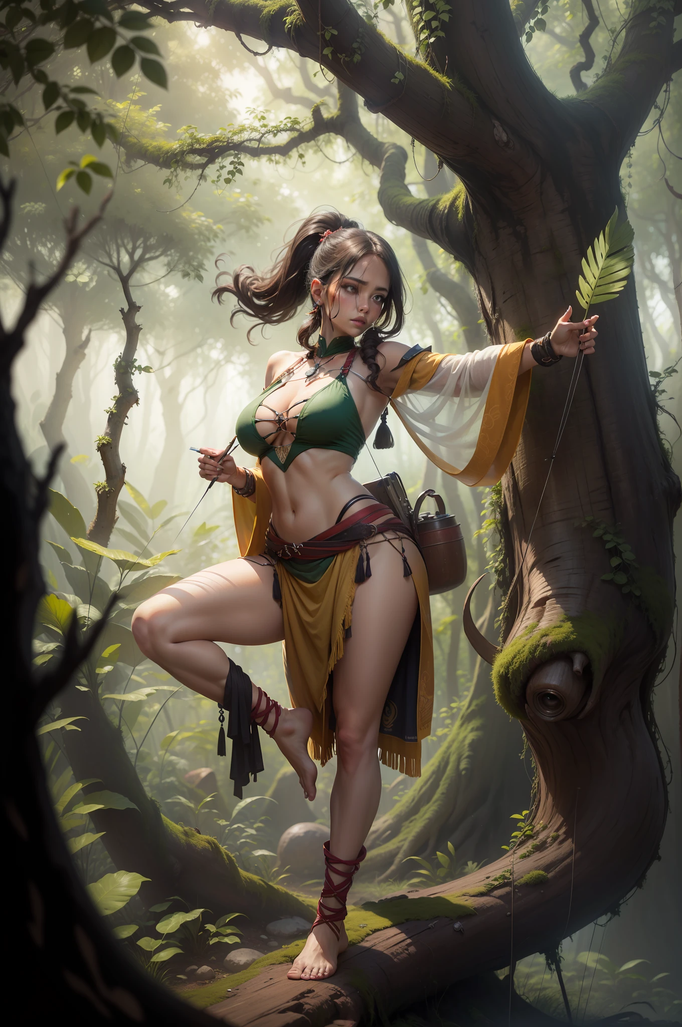 (digitial painting),(best qualtiy),Close-up of a beautiful woman who specializes in injecting arrows,Drawing a bow and shooting arrows,Primitive tribesmen,Wear a hula skirt,Deerskin chest,Barefoot,In tropical primeval forests,Green moss,grape trees,Huge trees,Cover the sky,Fallen trees,8K hyper-realism,Strong color scheme,gentle illumination, prime time, Enigmatic Atmosphere,