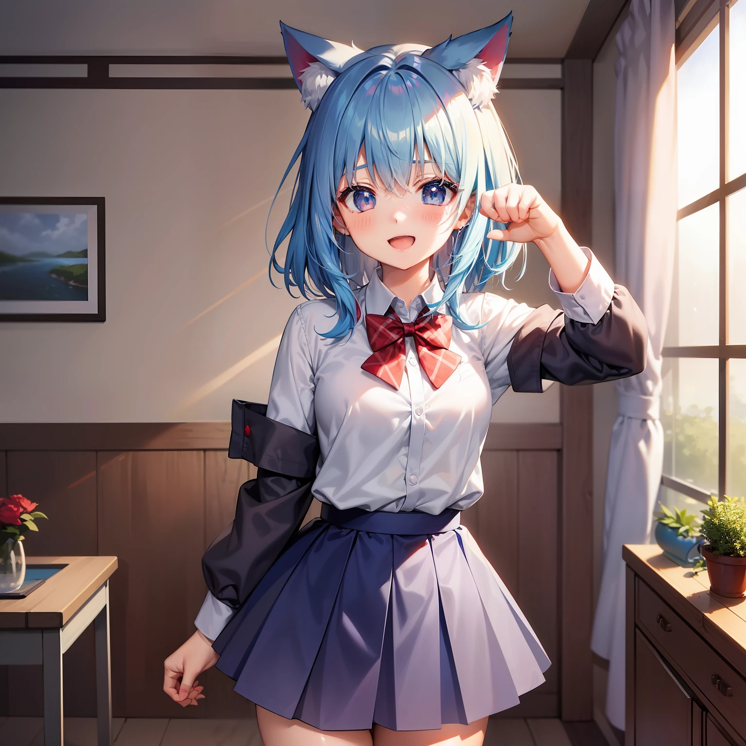 Aoi_Fukayuki、1 girl in、anime styled、full body Esbian、(blue hairs)、(shorth hair)、A smile、red tide、blue eyess、blazers、、(Plain white shirt)、(red bowtie)、(Red checked skirt)、(Black stockings)、Absolute area、White cat ears、hightquality、best qualtiy、emphasizing thighs、to stand、PAW Pose