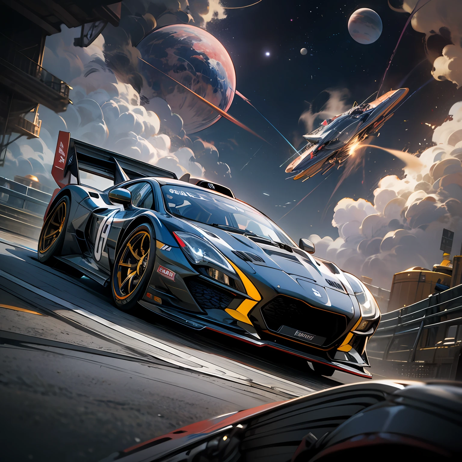 (Masterpiece, Best Quality), High Resolution, (8K Resolution), (Ultra Detailed), Spacecraft, The picture depicts a car race between planets, the car flies directly in space, two racing cars are rapidly flying towards the camera, supercar, high-tech jet engine, colorful planets and nebulae in the background, headlights dragging streamer, time-lapse photography, more detail, realism, photo texture