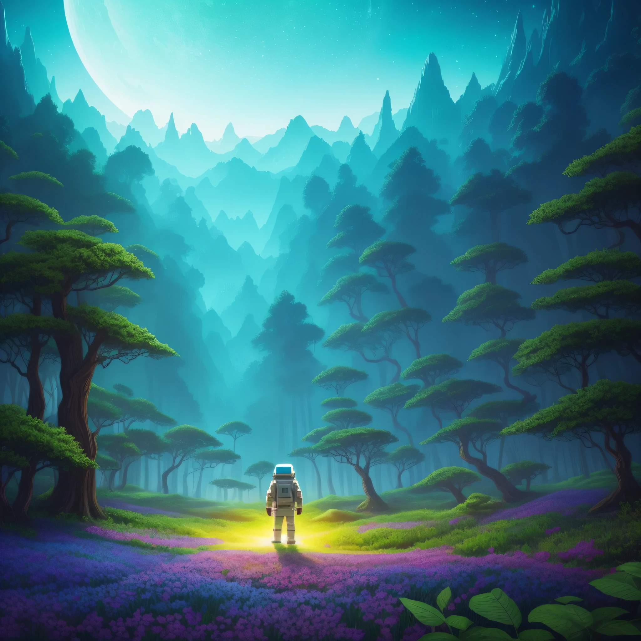 /imagine prompt: A mesmerizing pixel art scene featuring a lone astronaut standing on the surface of a distant planet, illuminated by the soft glow of a bioluminescent forest in the background. The astronaut's spacesuit should be highly detailed, showing wear and tear from their journey. The alien flora should be otherworldly, with vibrant colors and intricate patterns, creating an enchanting environment. The atmosphere is mysterious and wondrous, evoking a sense of exploration and the unknown. The pixel art should be executed in a retro style reminiscent of classic video games, with a limited color palette and sharp, pixel-perfect details. --ar 16:9 --v 5