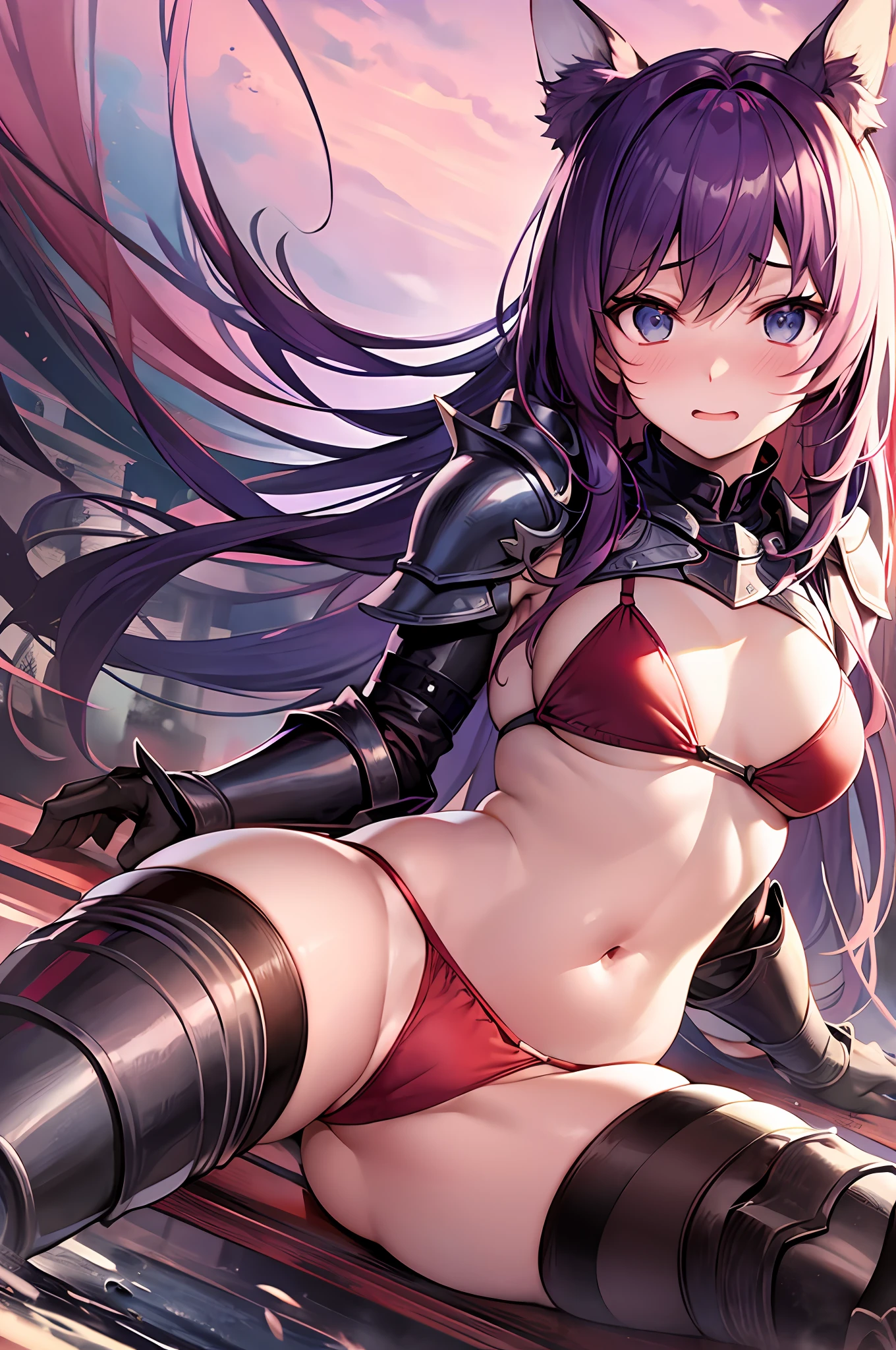 Shyness、embarrassed from、panties small、animesque、frombelow、low angles、Knights、battle field、Princess Knight、opens legs、bikini-armor、Red Bikini、panties on、s Armor、Open your crotch、