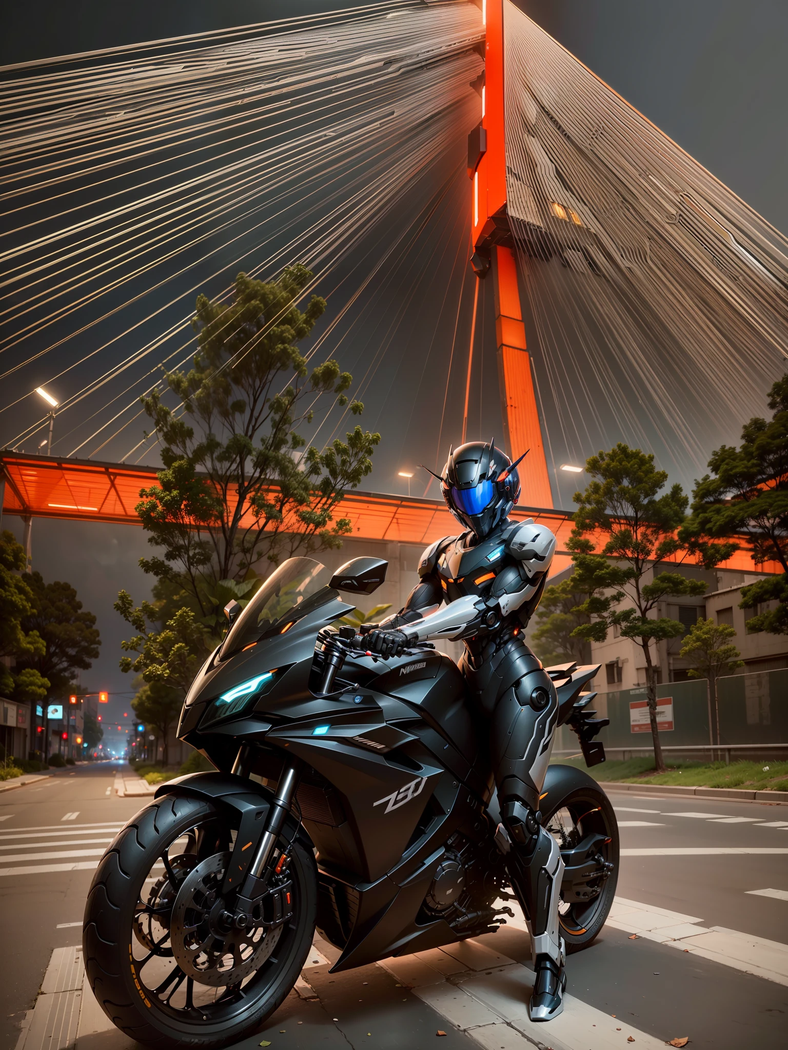 Handsome full body black mecha white short hair cyber handsome warrior, black cyber mechanical motorcycle, high-tech black full surround helmet, white short hair, Nousr, biomechanics, MSHN robot man, high-tech helmet, surreal, steel, complex design, crazy details, fine details, extremely clear lines, cinematic lighting, photo realism, detailed masterpiece