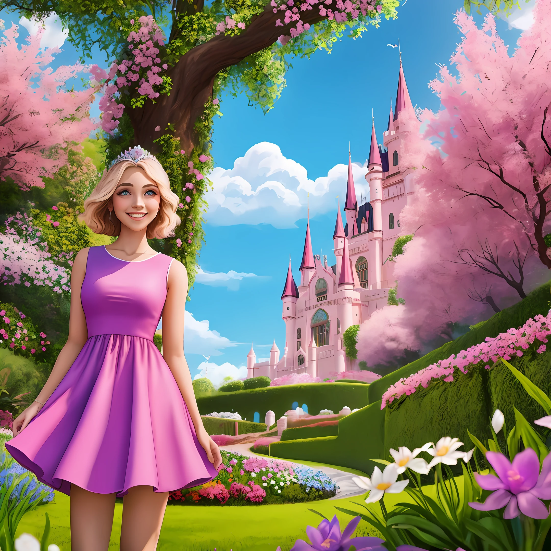 Menina loira, olhos azul, sorriso lindo, vestido rosa pink, em um jardim com flores lindas e realistas, com um castelo de princesa rosa e janelas em arco, Blue sky with white clouds, high res 8k