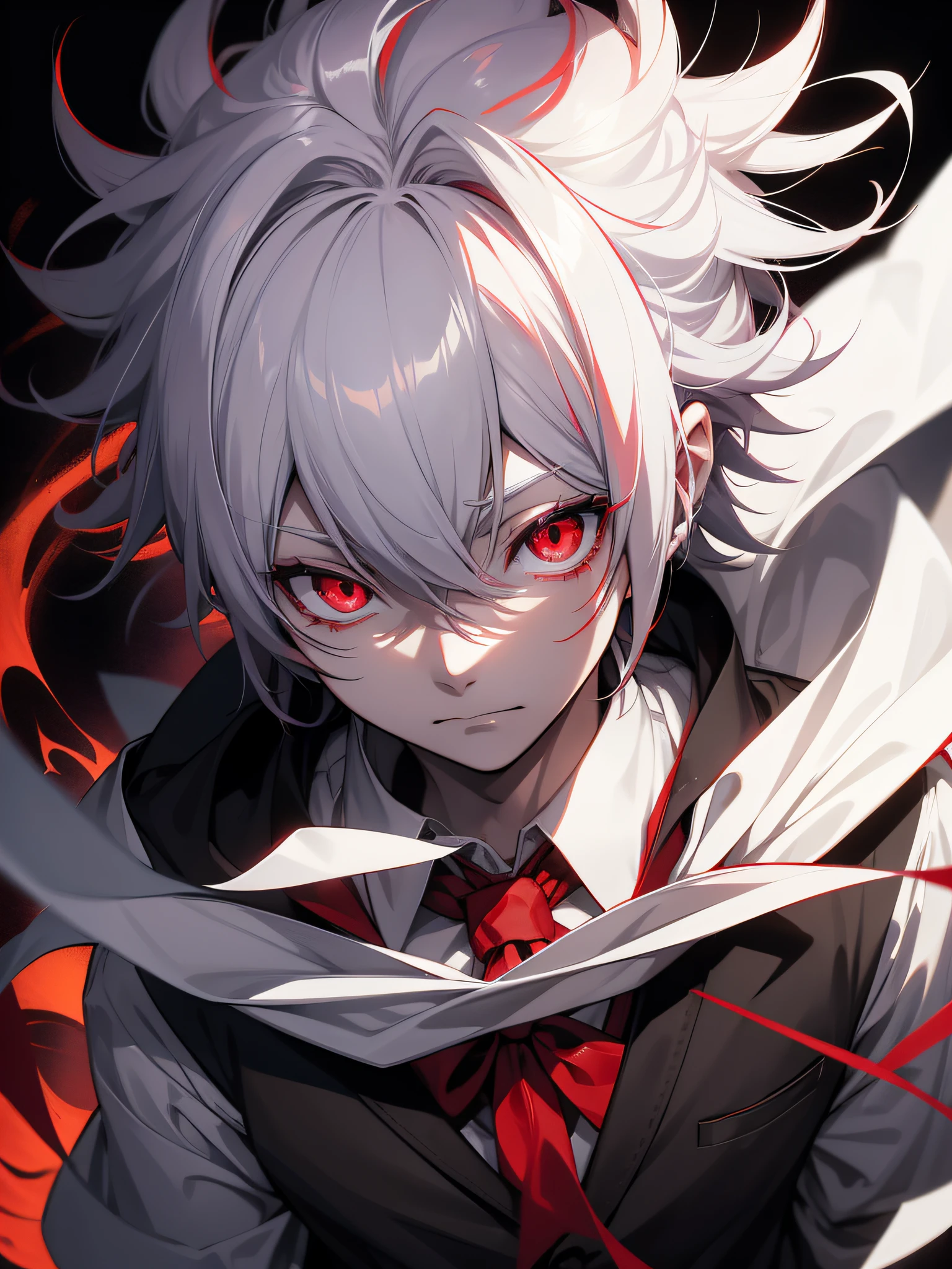 anime boy with white hair and red eyes in the dark, Nagito Komaeda, with bright red eyes, with bright red eyes, kaneki ken, with bright eyes, Ken Kaneki, Kaworu Nagisa, Gapmoe Yandere Grimdark, Gapmoe Yander, his eyes are bleeding intensely, with red eyes, his eyes are red and bright