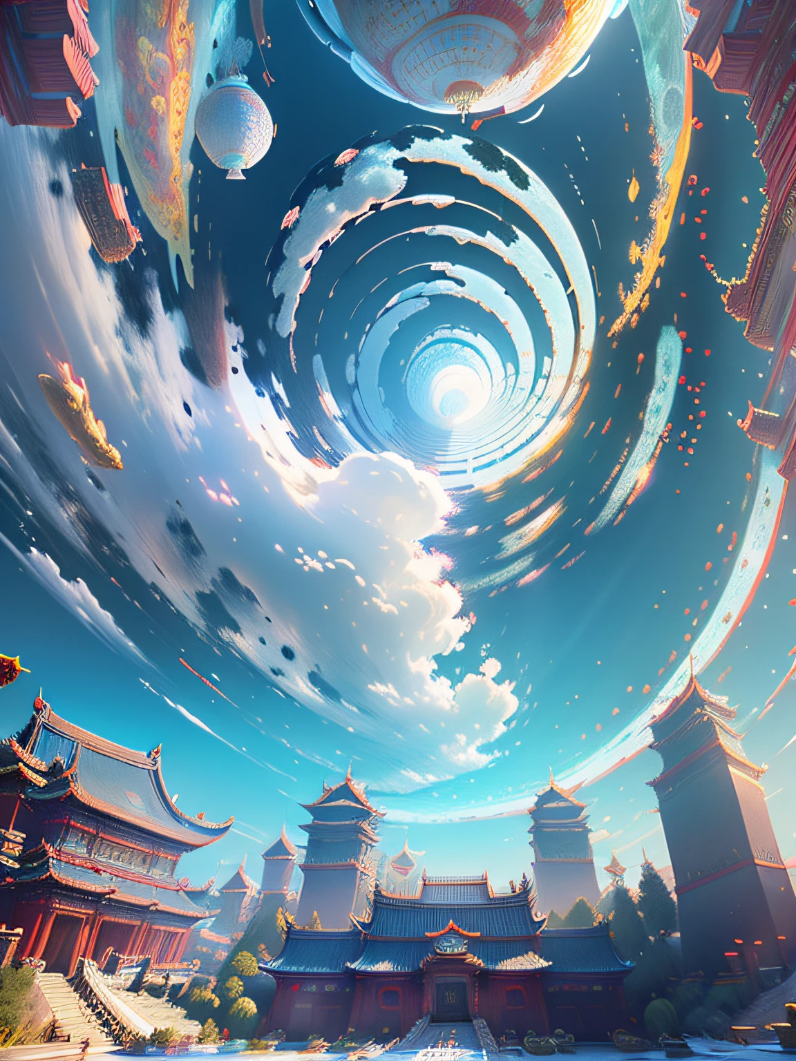 (Masterpiece:1.2),The best quality,((Palace Museum:1.3)),(Wide-angle lens:1.3),(Detailed ancient Chinese architecture:1.3),(Ancient Chinese buildings:1.2),((China Red:1.1)),(epic look at your scene),(Surrounded by Chinese-style architecture:1.1),Polar panorama,insanely details,Blue sky,Cloud,super-fine,Beautiful,Realistic,((8K:1.1)),(Intricate details:1.1),ultra - detailed,hyper qualit,High detail,Ultra detailed,Skysky,Clouds,(Masterpiece:1.1),POV from below,