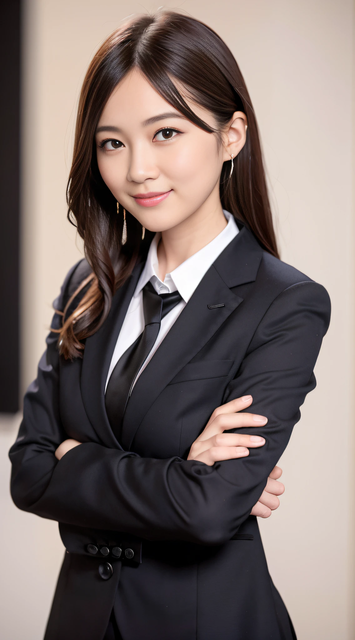 1 girl, solo, parted lips, office lady, business attire,
White background, arms behind head, side looking at the audience, smiling,