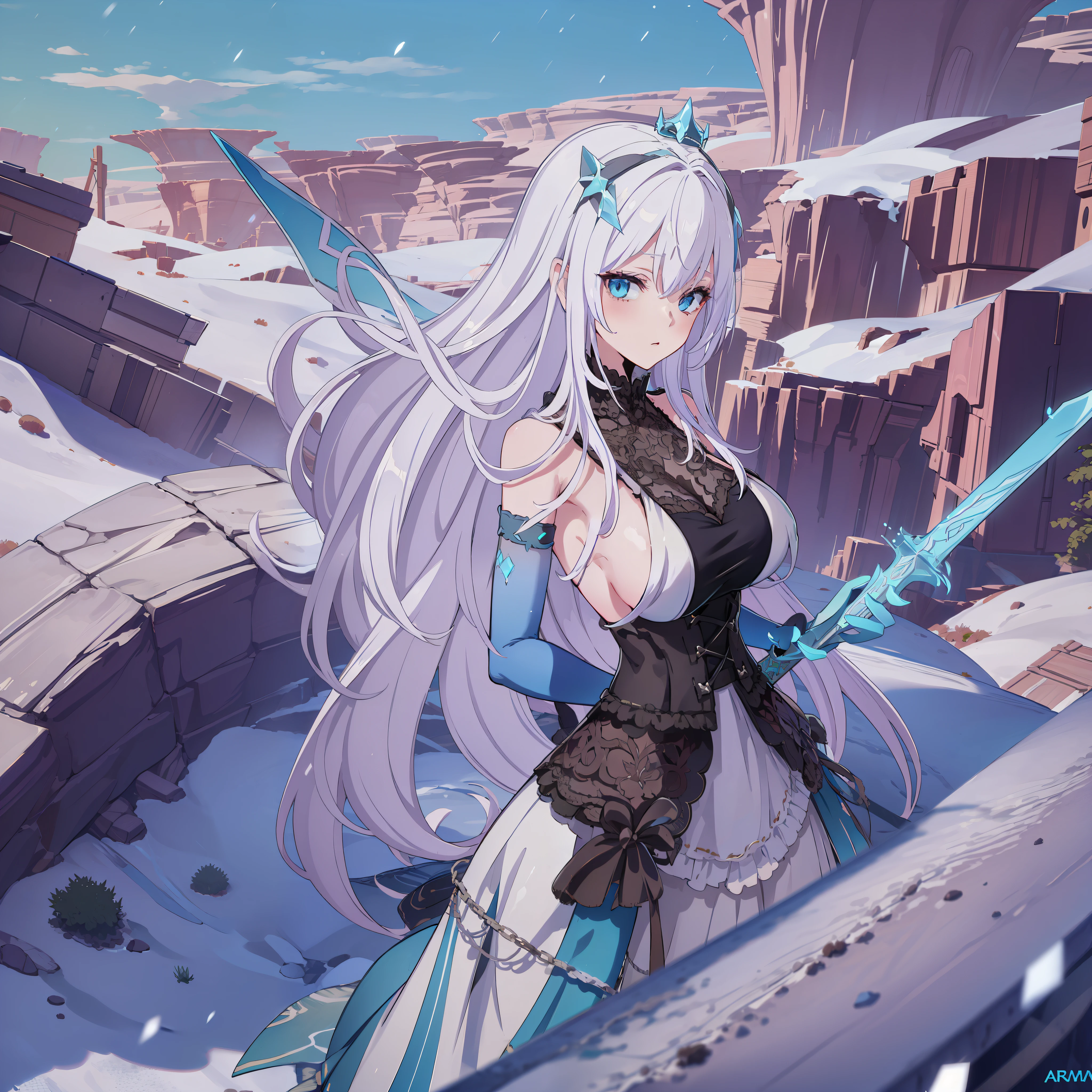 Woman, white hair, steady gaze, white blue dress, wearing a snow crown, Standing on top of rock, wielding a huge sword, Iceberg background, Snowfall