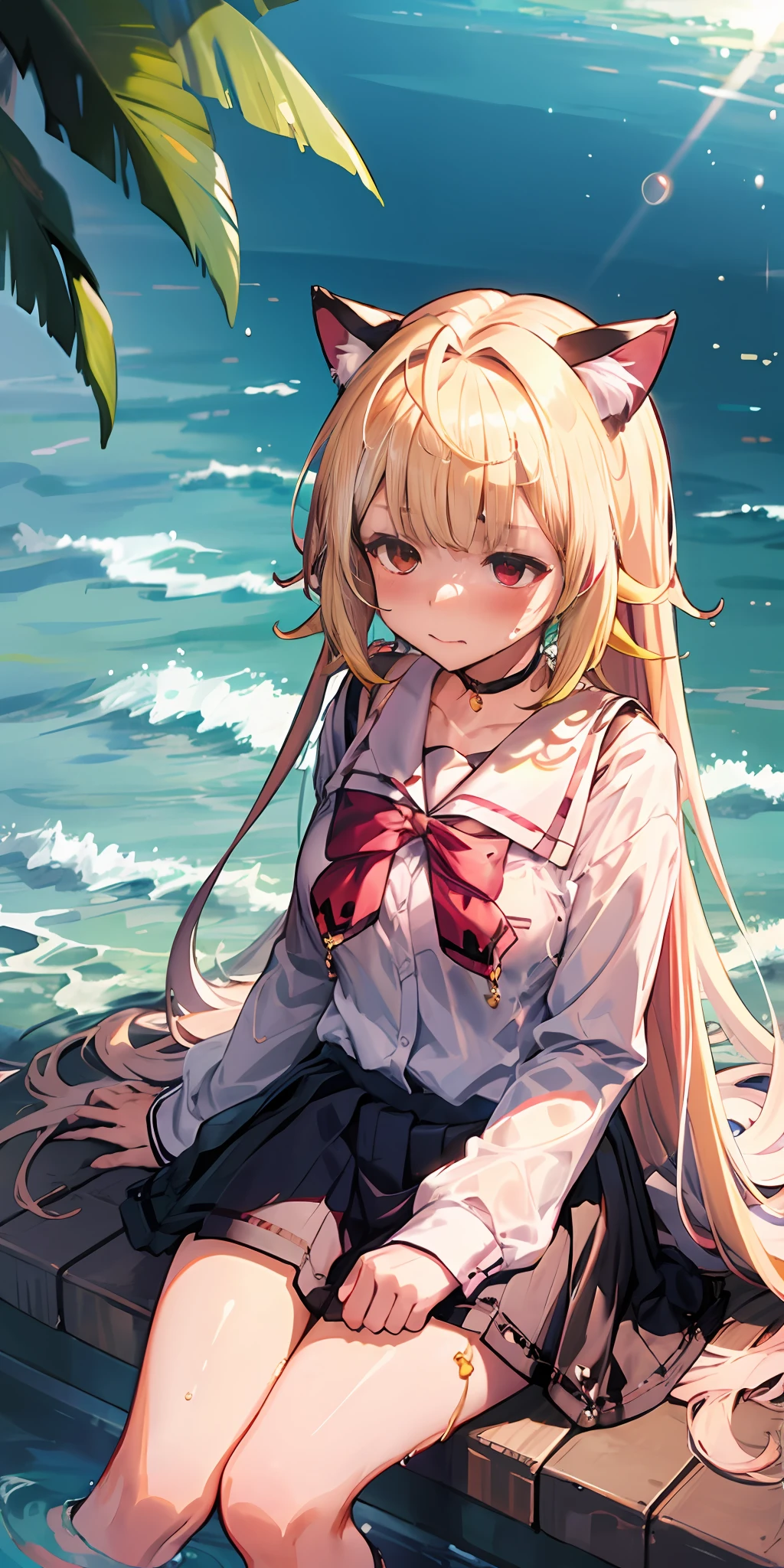 Anime girl with white hair and cat ears, red eyes, shy blush, wet school uniform, transparent cloth, water, seaside, beach, sunny