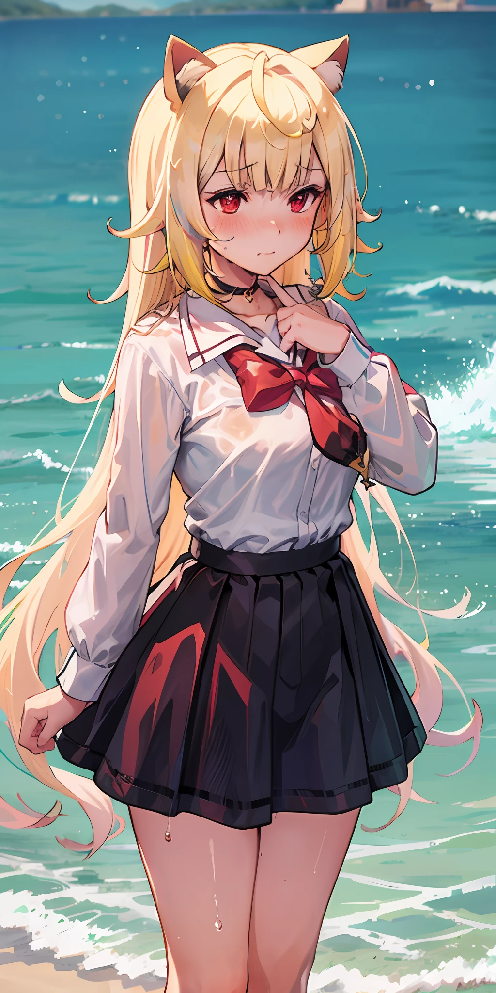 Anime girl with white hair and cat ears, red eyes, shy blush, wet school uniform, transparent cloth, water, seaside, beach, sunny