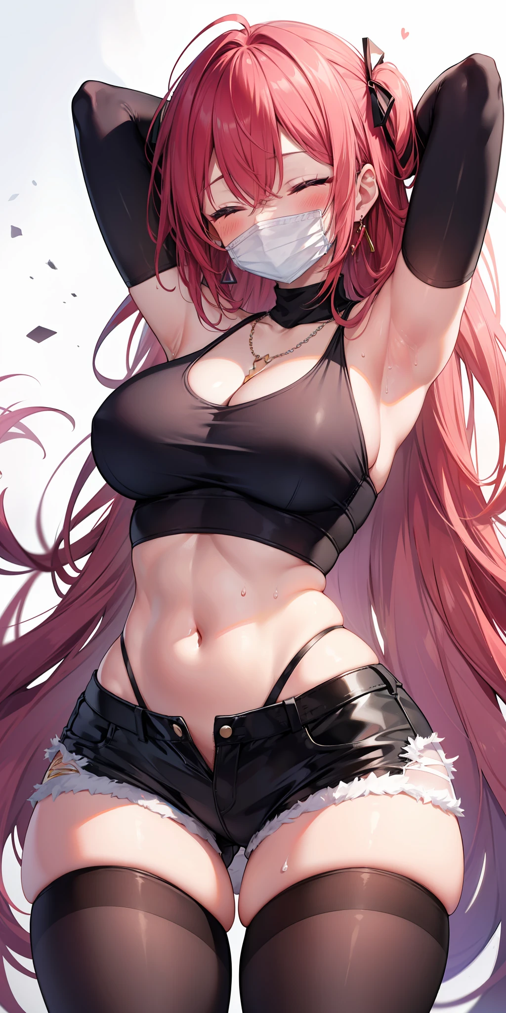 TAGS: master piece, best quality, himeko character, roblox, 1girl, breasts, jewelry, red hair, mouth mask, dress,
Earrings, long hair, alone, blushing, big breasts, necklace, sweatshirt neckline, perfect belly, ripped white short shorts, short tights,
dressing, closed eyes, mouth mask, white background,
revealing clothes, bare shoulders, arms raised up, perfect sweaty armpit, perfect thick legs, perfect big thighs, armpits, hair between the eyes,
simple roblox background, collarbone, upper body, roblox body, bangs