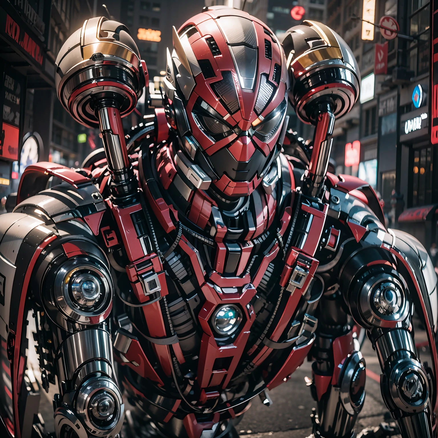 1boy ，Perfect facial features，Handsome face，Put on a metal mech in Spider-Man-style，Machinary，Mecha，Photorealsitic，metalictexture，Metal armor，eyes looking at the lens，best qualtiy，c4d渲染，rendering by octane，Cinematic quality，tmasterpiece，16k,(No Man)